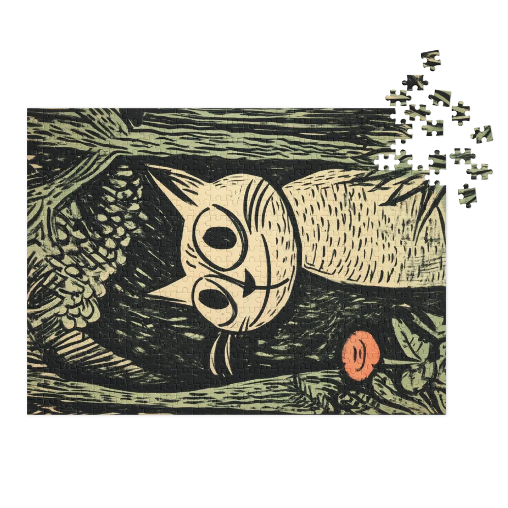 Gato Curioso na Floresta de Xilogravura 
 Puzzle em caixa de metal