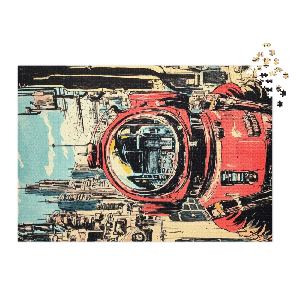 Astronaut with Red Suit in Futuristic City
