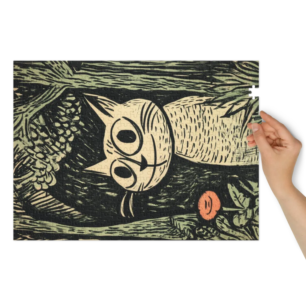 Gato Curioso na Floresta de Xilogravura 
 Puzzle em caixa de metal