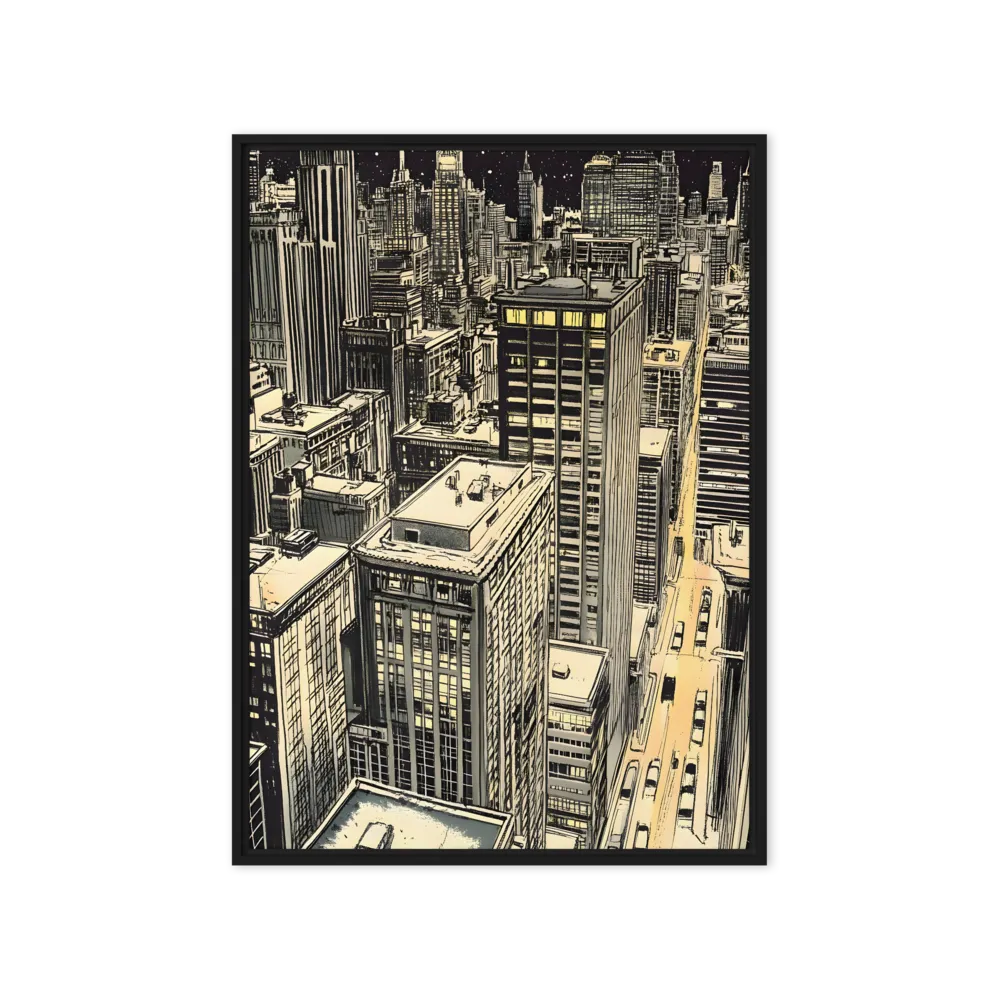 Urban Nightscape Illustration 
 Canvas with Brown Frame