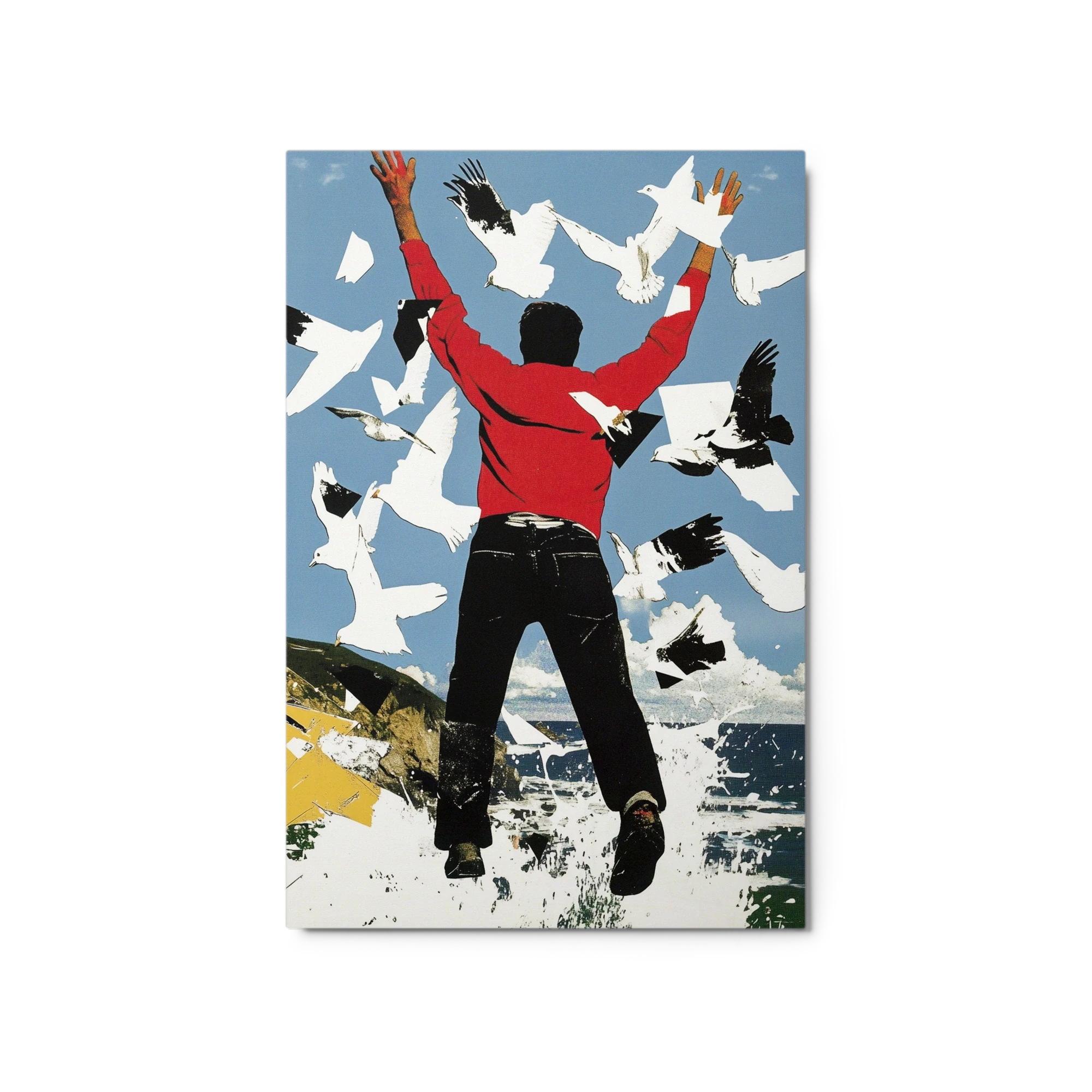 Surreal Collage of Jumping Figure and Birds