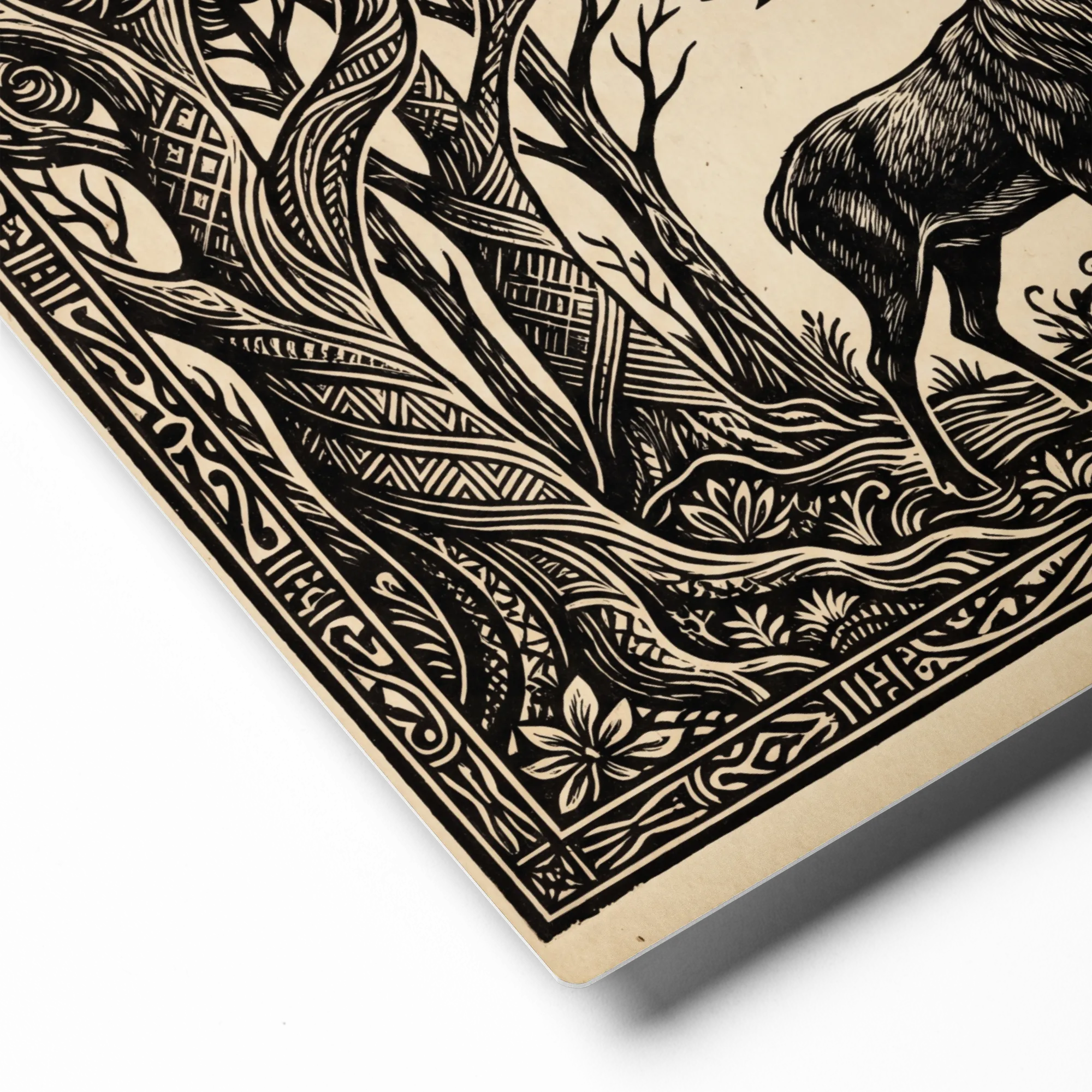 Forest Stag Woodcut 
 Paper Print With Red oak Frame & Mat | 12″x 16″