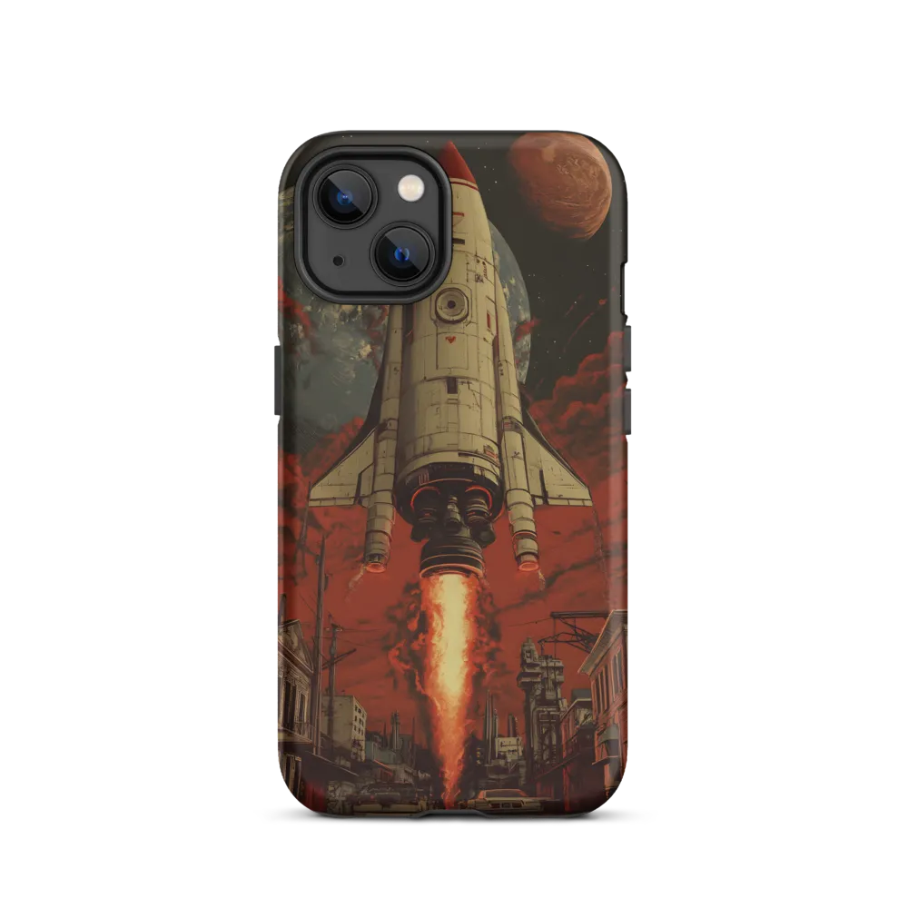 Retro Rocket Launch Amidst Cityscape | Phone Case