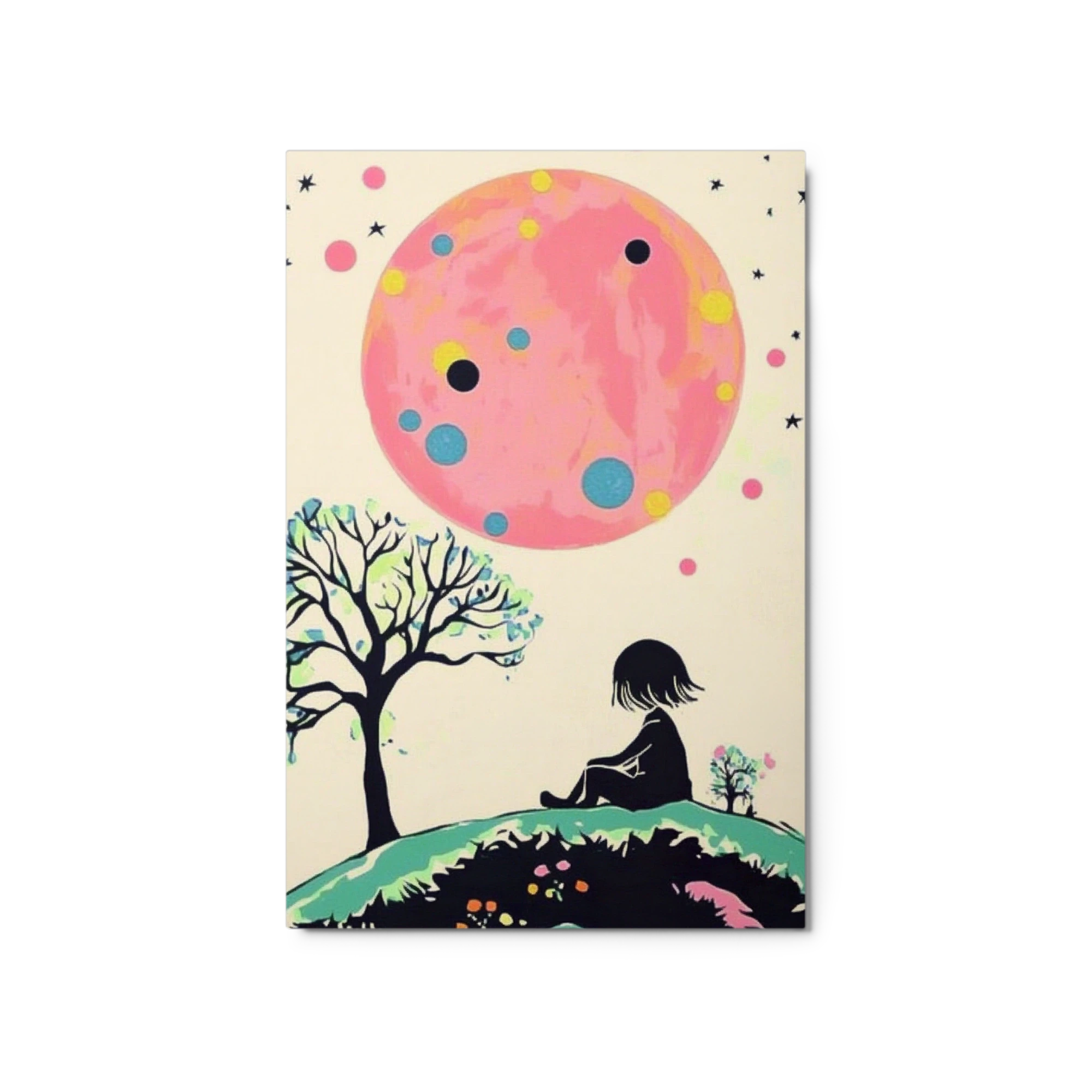 Silhouette of Girl Under Pink Moon