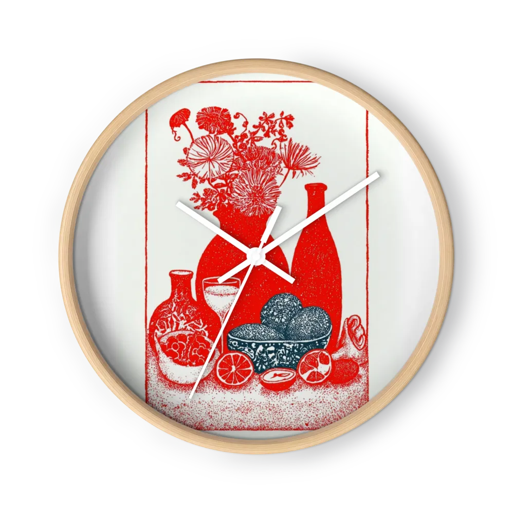 Red Still Life with Flowers | Wall Clock