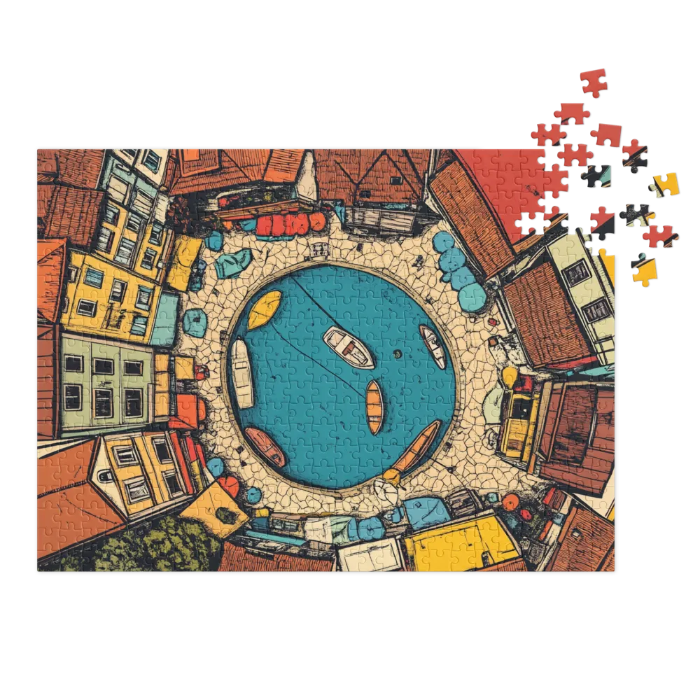Aerial Village Lake Illustration