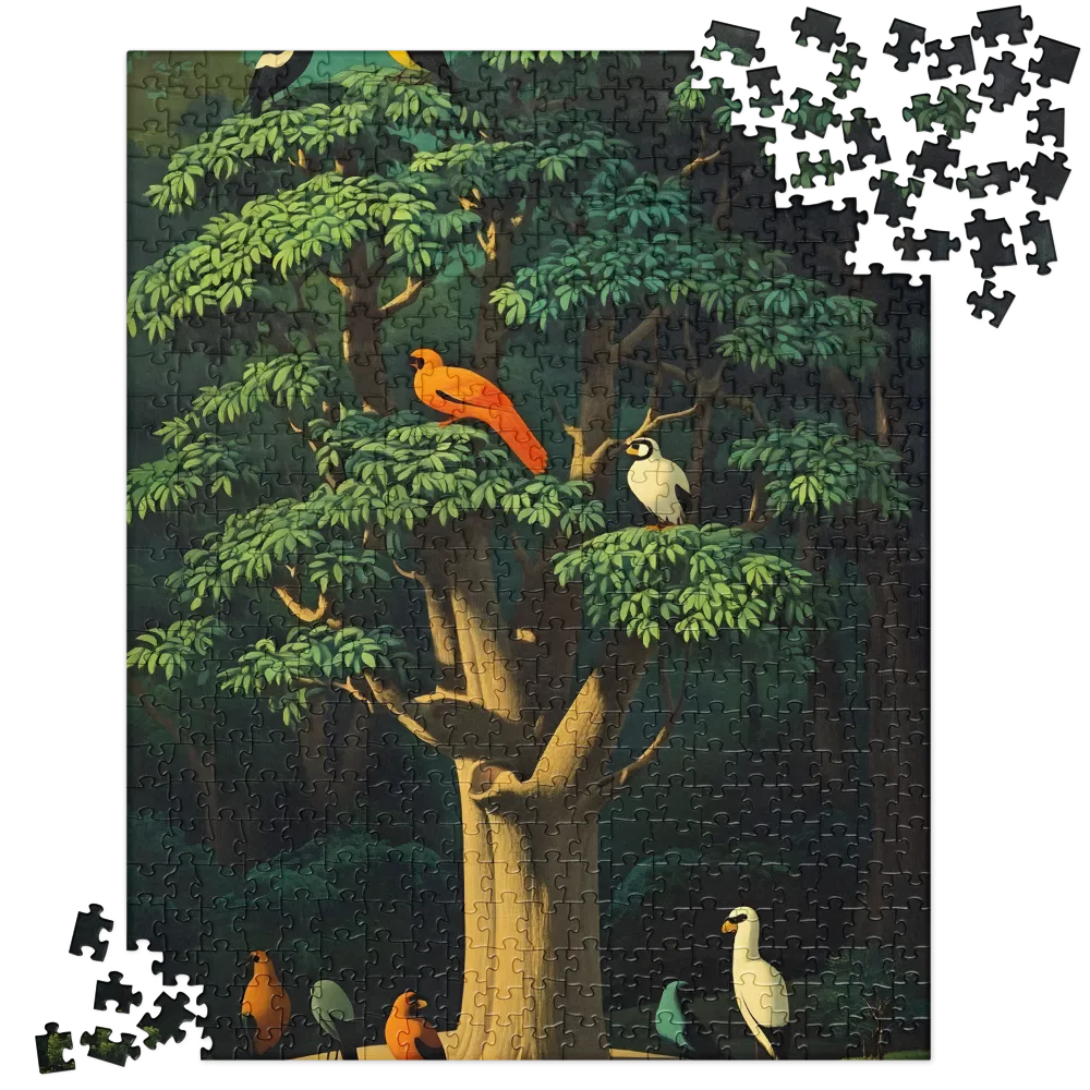 Stylized Birds in Lush Forest 
 Jigsaw Puzzle in Tin Box