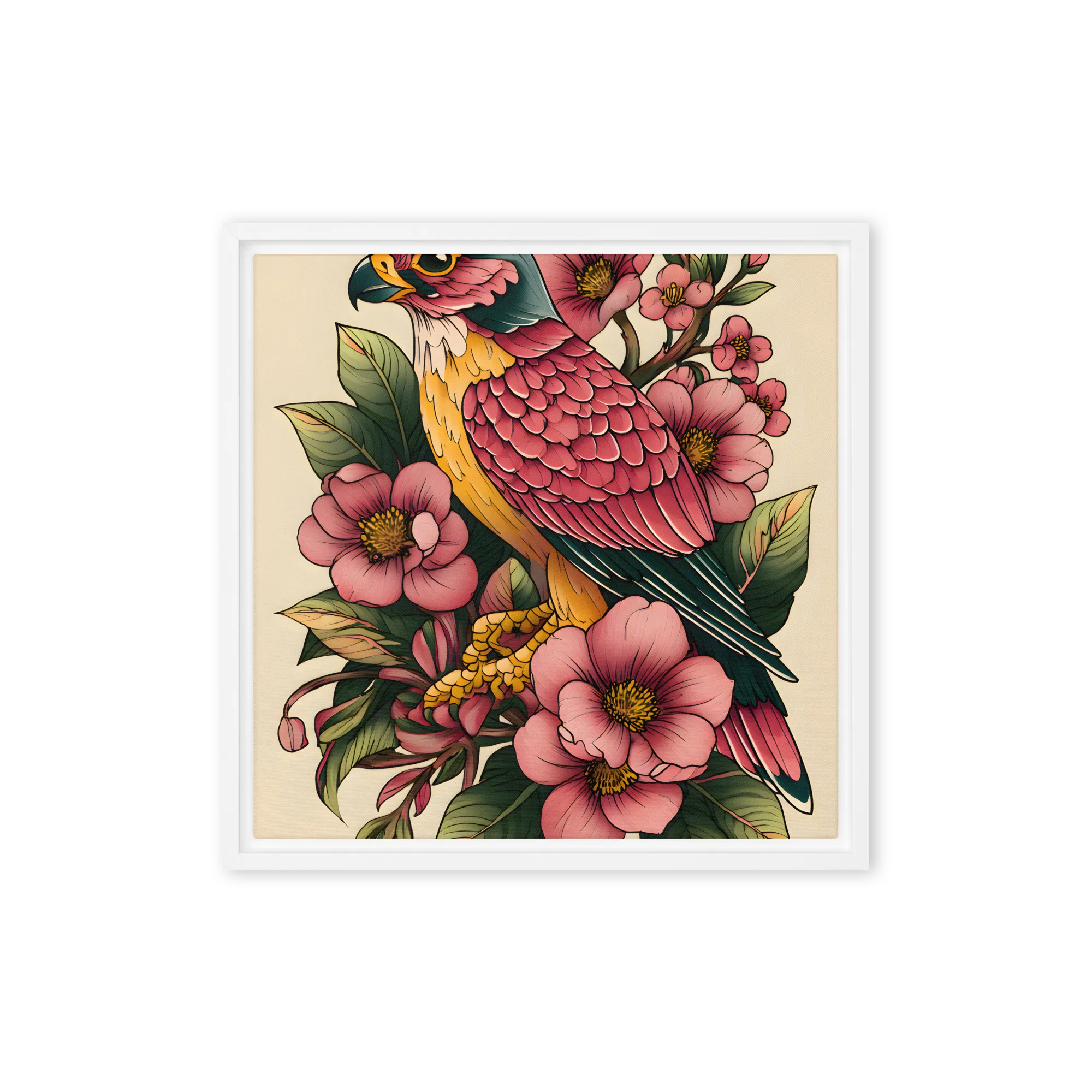 Neo-Traditional Falcon Blossom 
 Canvas with Black Frame