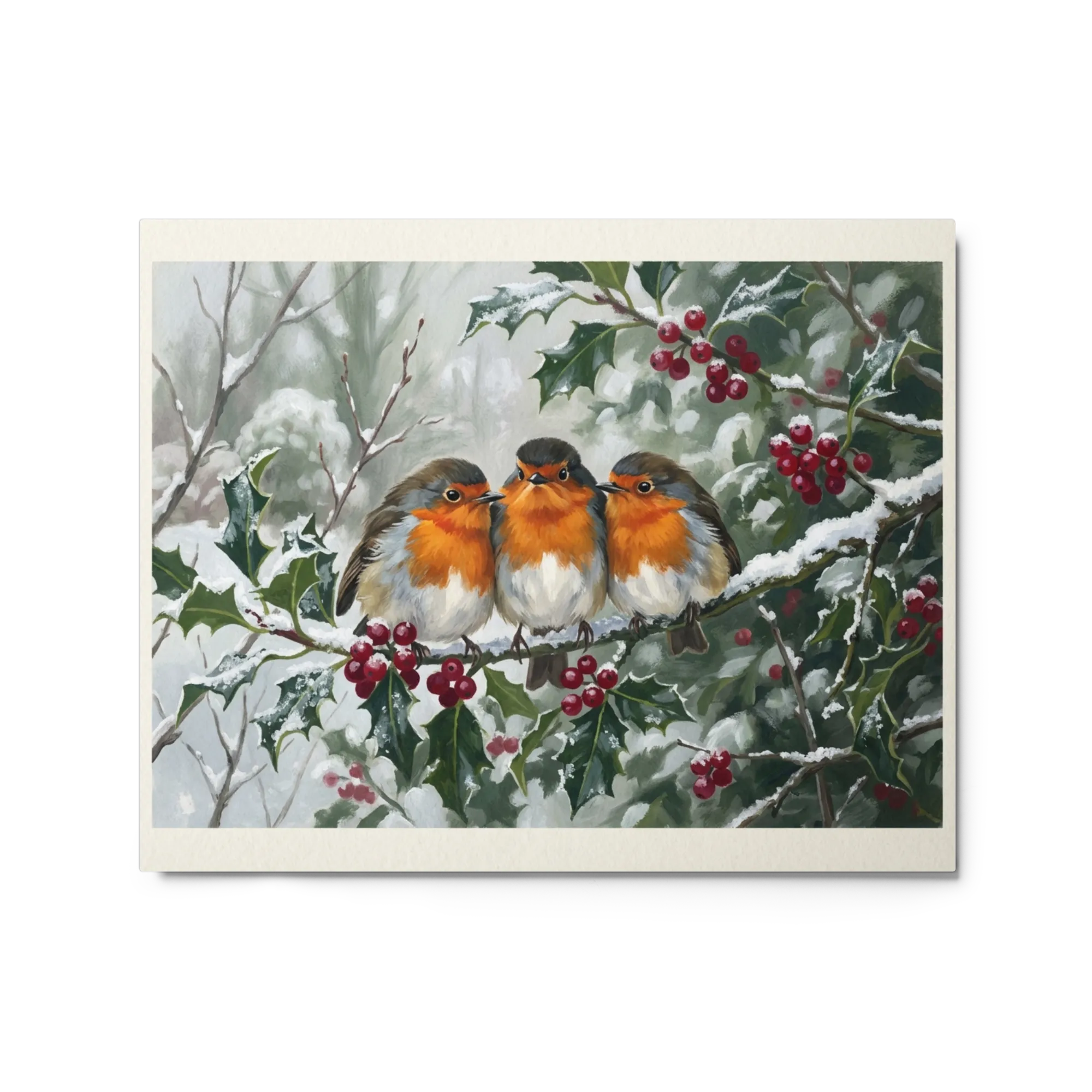 Winter Robins on Holly 
 Poster with Red oak Frame | 12″x 16″