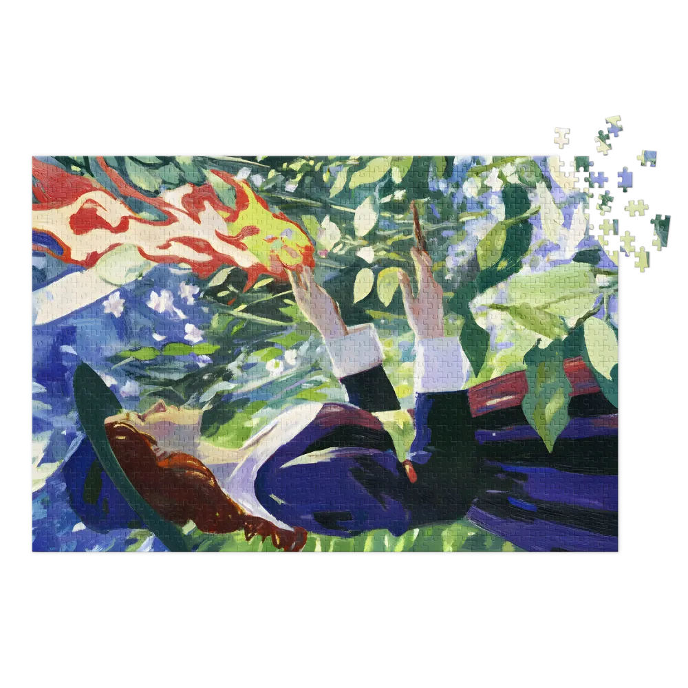 Woman with Flames in a Green Landscape