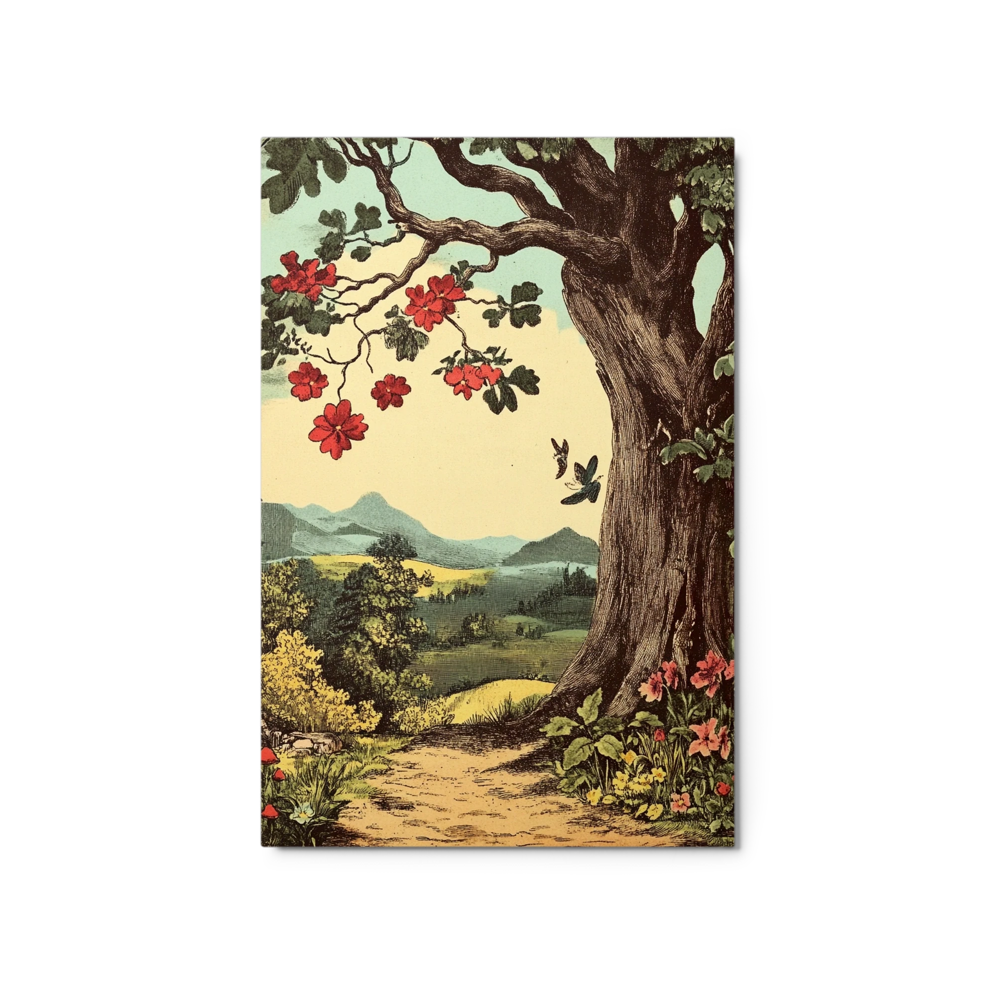 Vintage Landscape with Tree and Flowers
