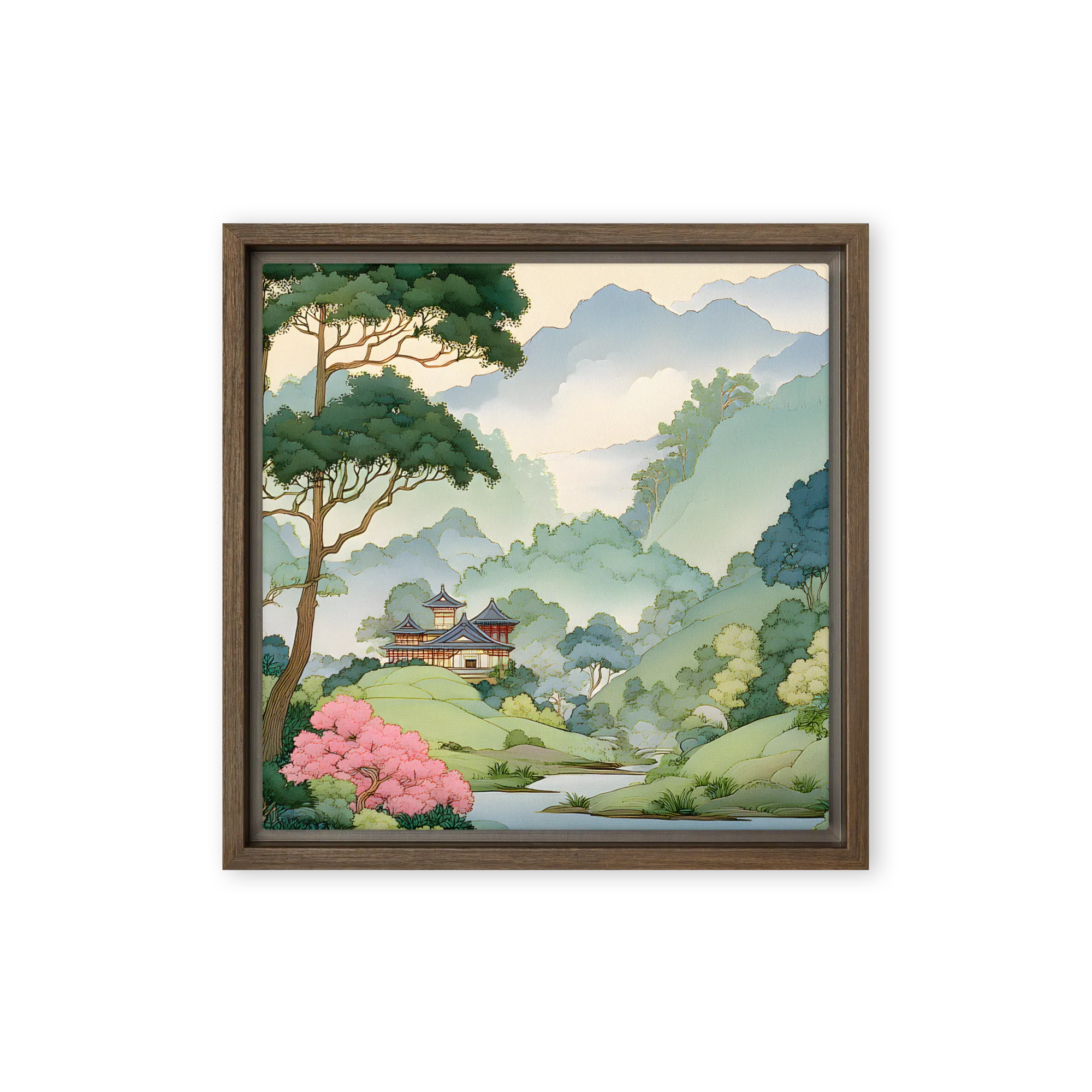 Serene Mountain Pagoda 
 Canvas | 26″x 26″