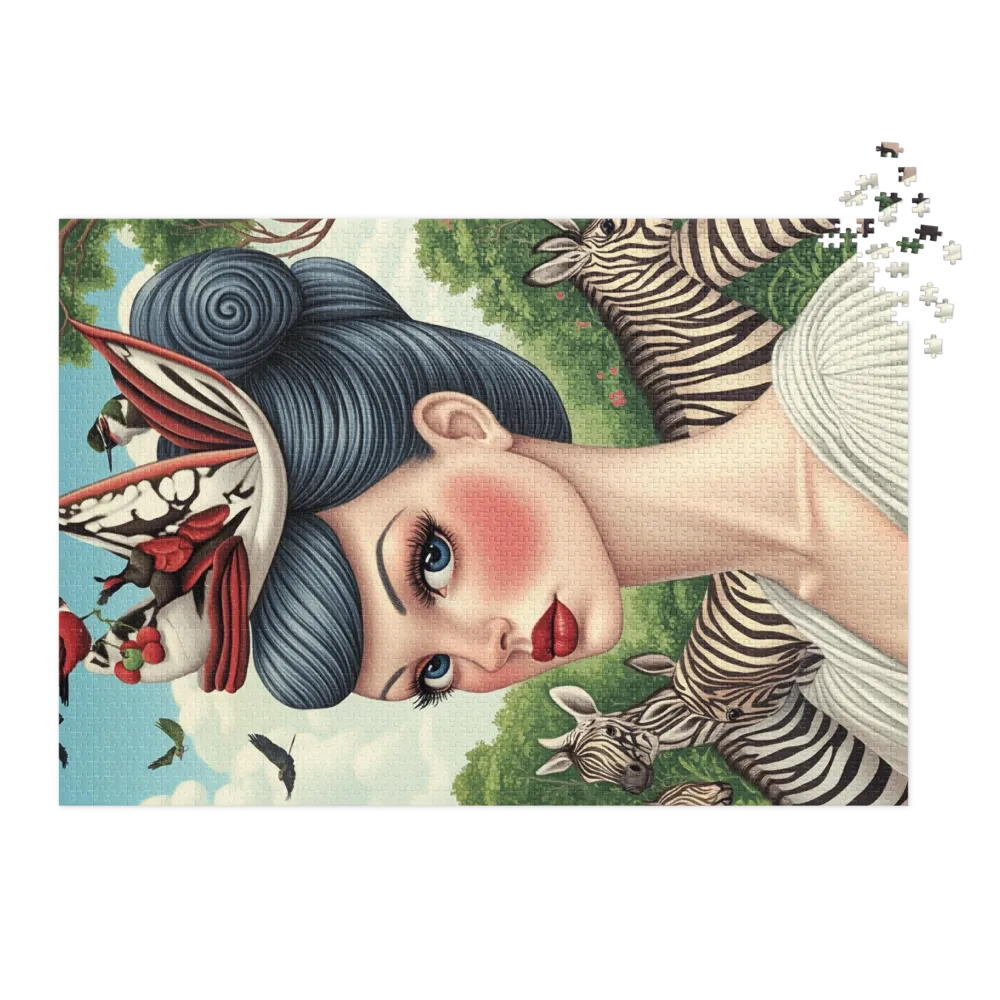 Elegant Woman with Birds and Zebras