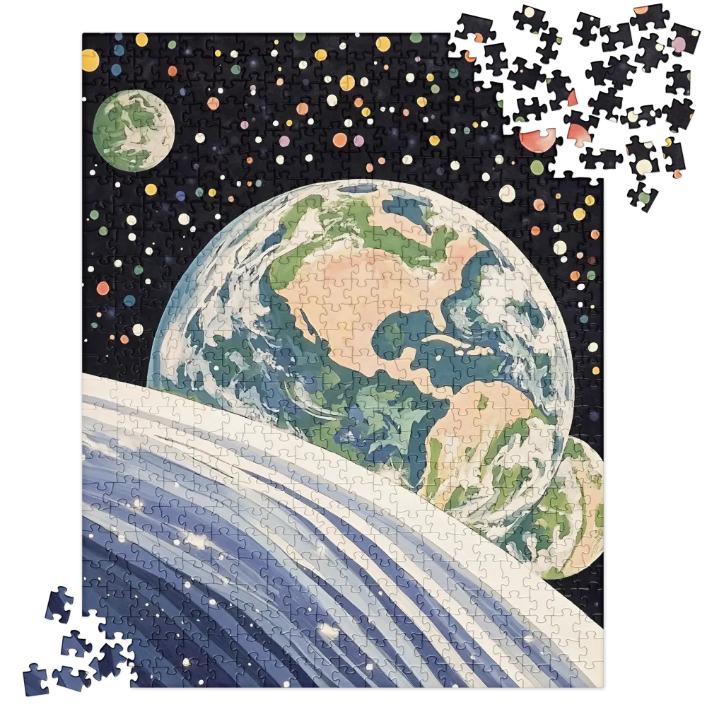 Planetary Embrace: A Retro Space Odyssey 
 Jigsaw Puzzle in Tin Box