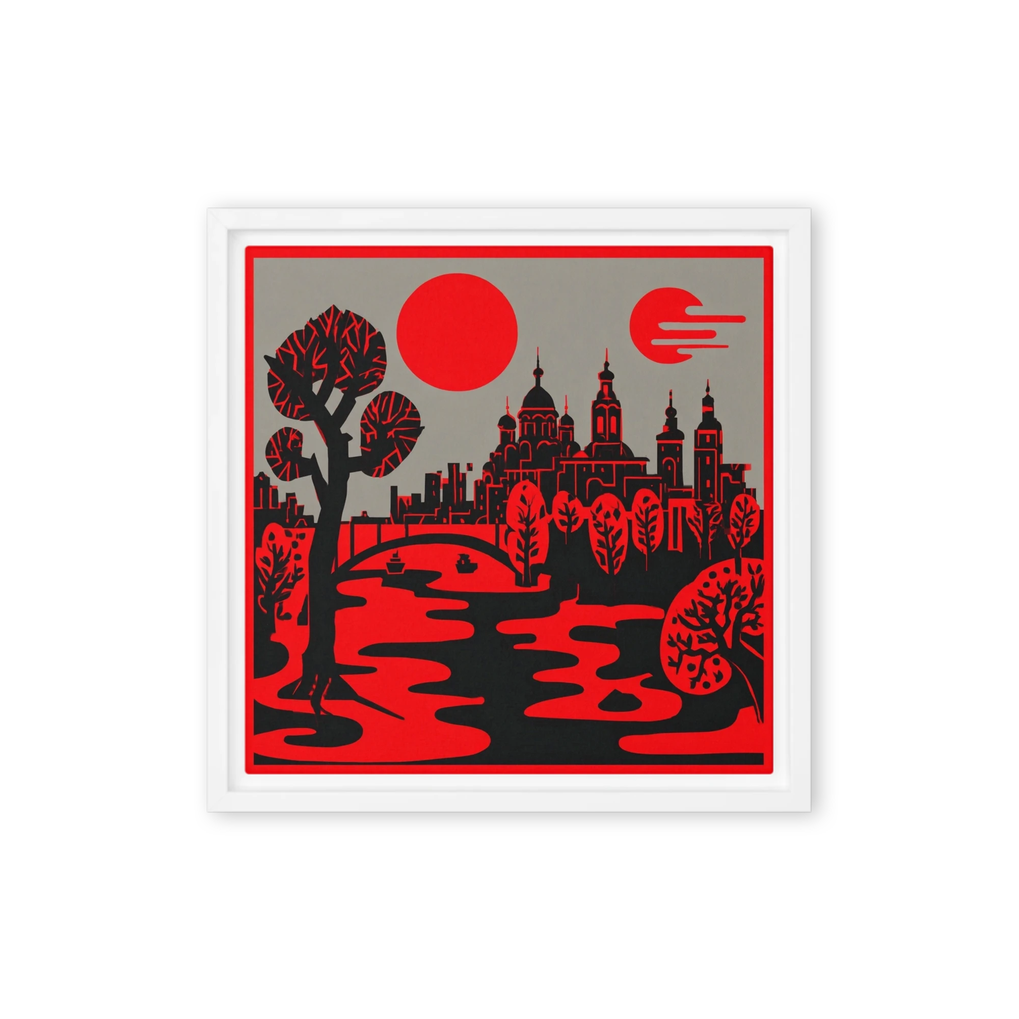 Silhouetted City Under Red Sun | Art Print