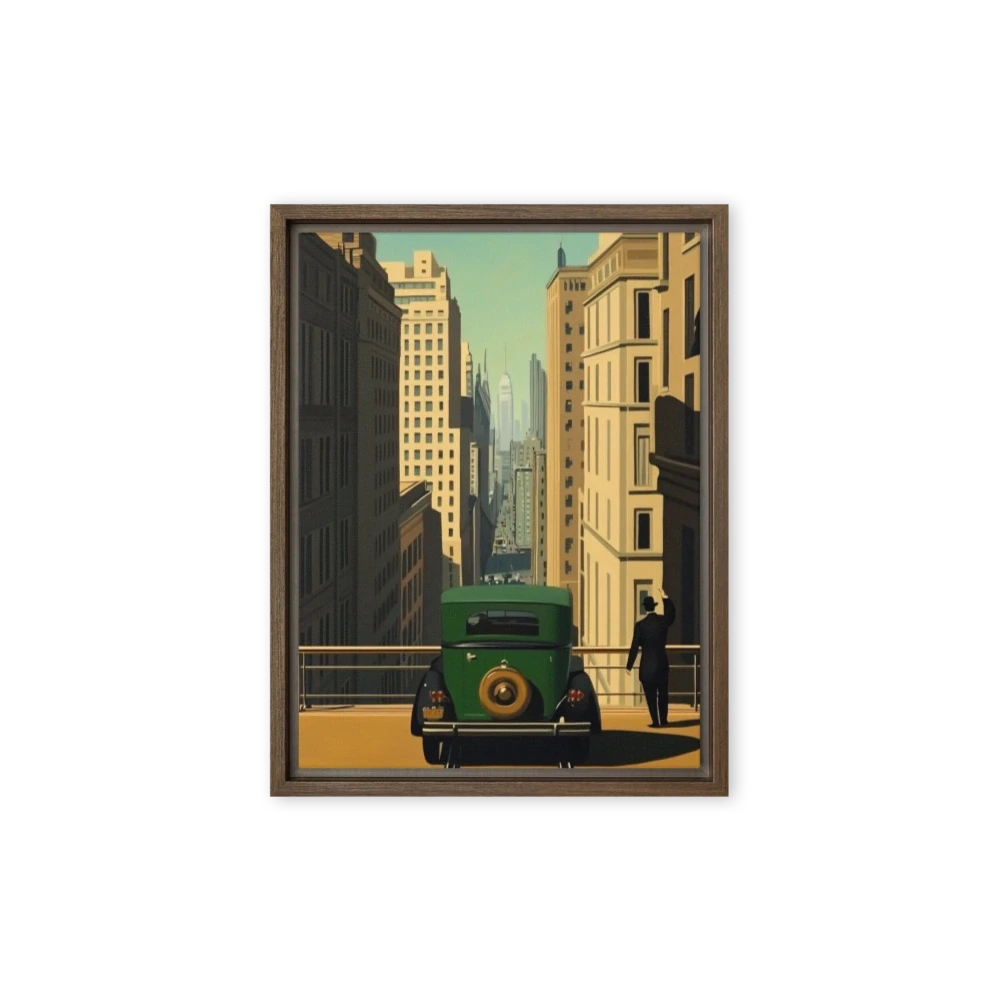 Vintage Green Car Overlooking Art Deco Cityscape
