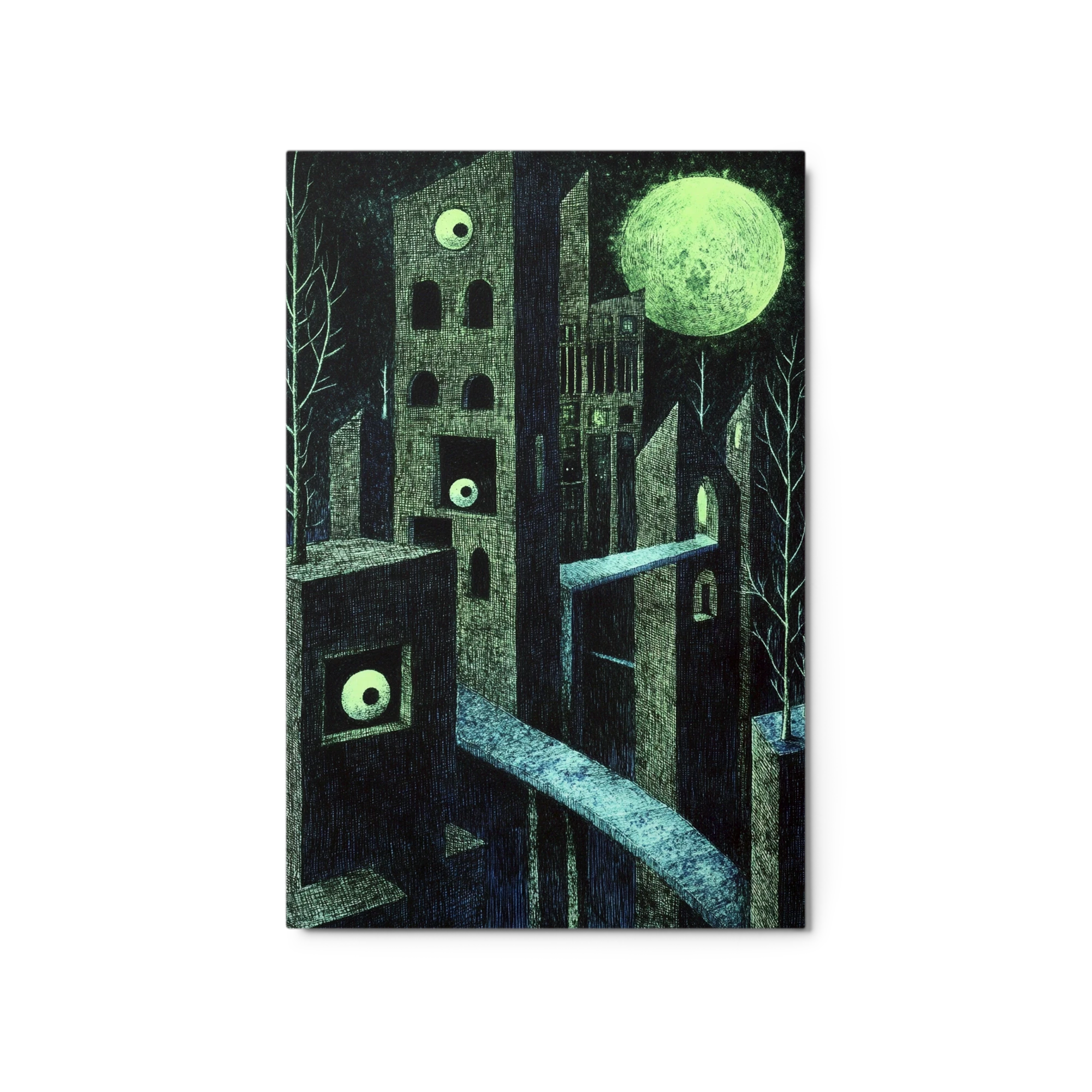Surreal Cityscape with Eyes and Green Moon