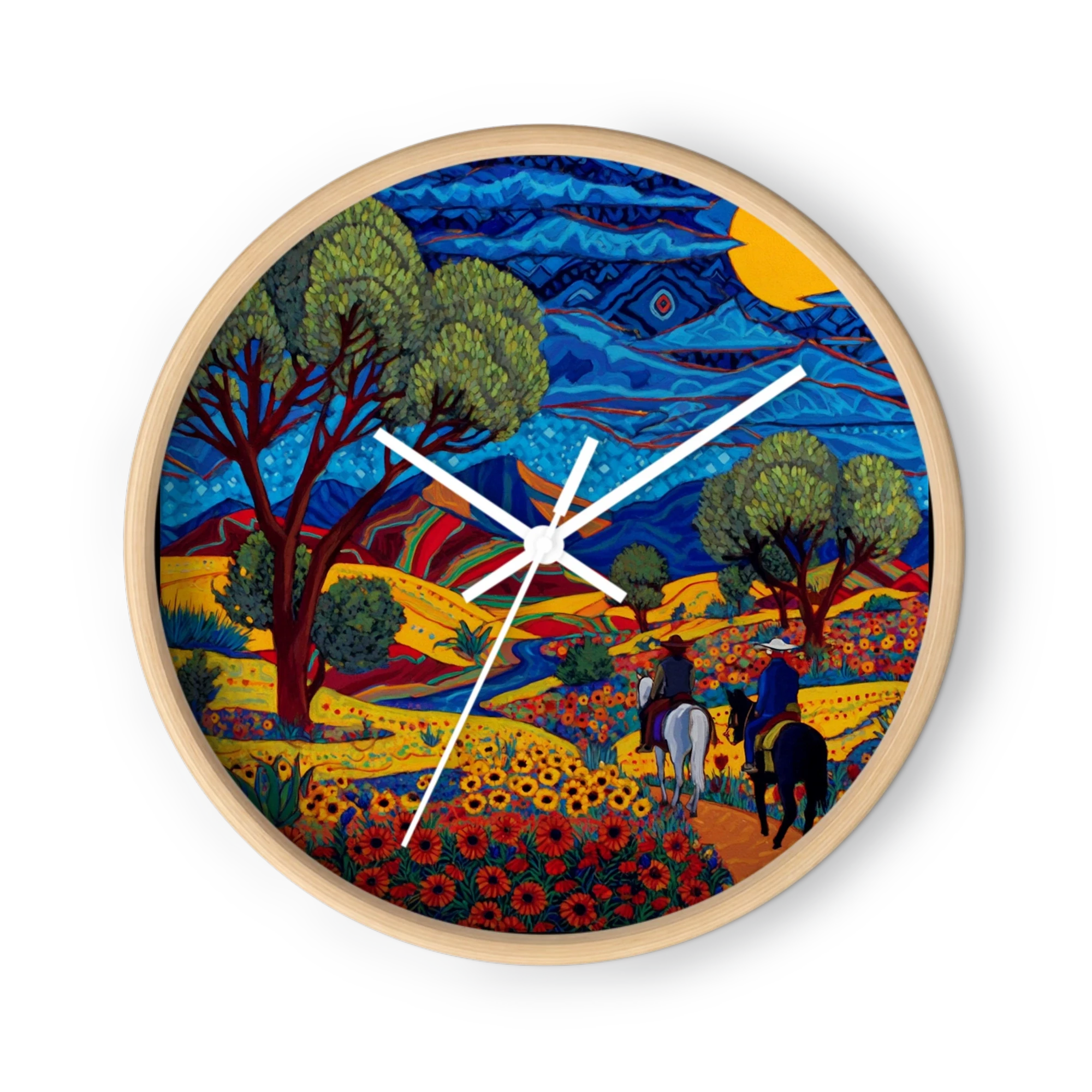 Swirling Stained-Glass Folk Art Wall Clocks — Cobalt, Poppy Red, Gold