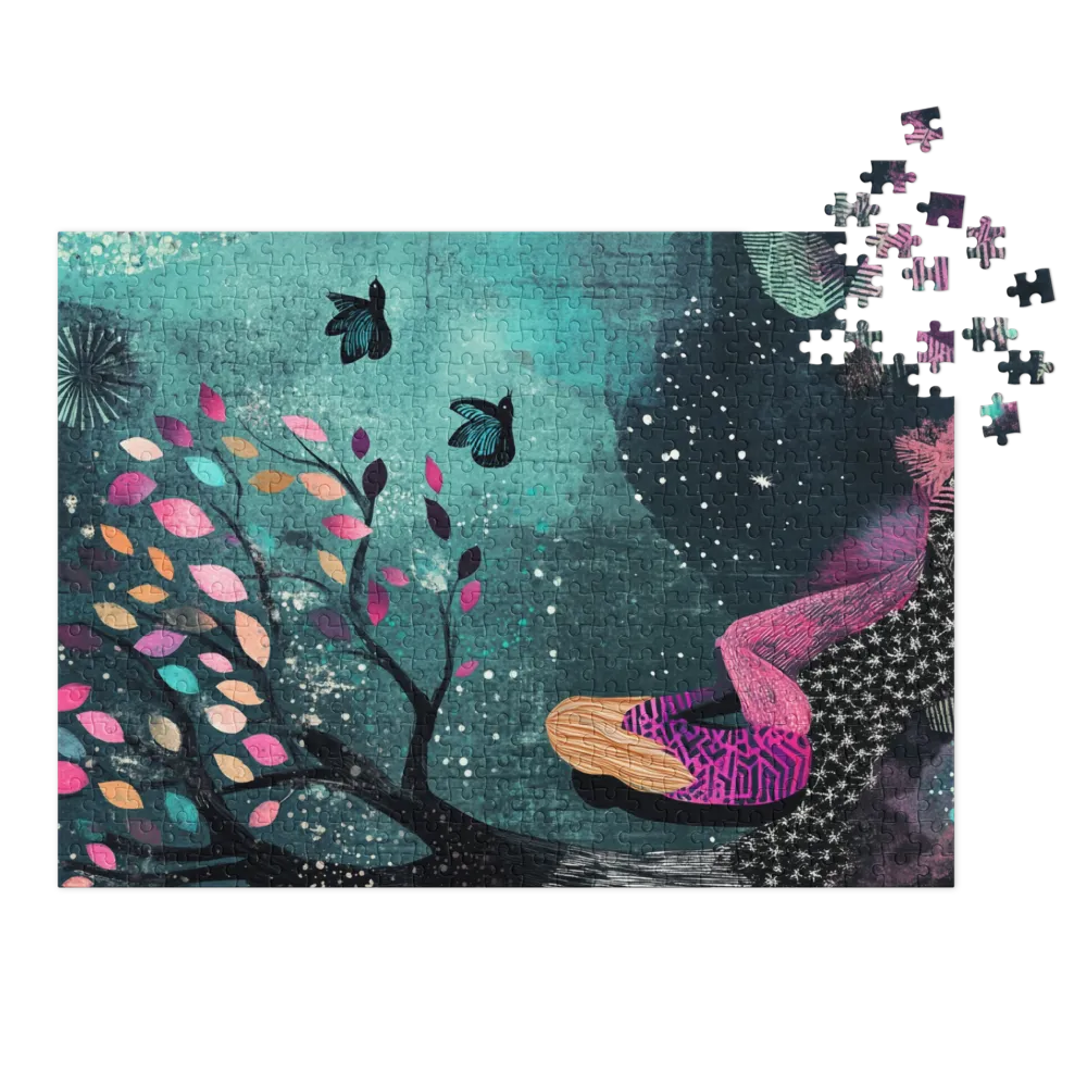 Whimsical Girl by Tree with Colorful Leaves