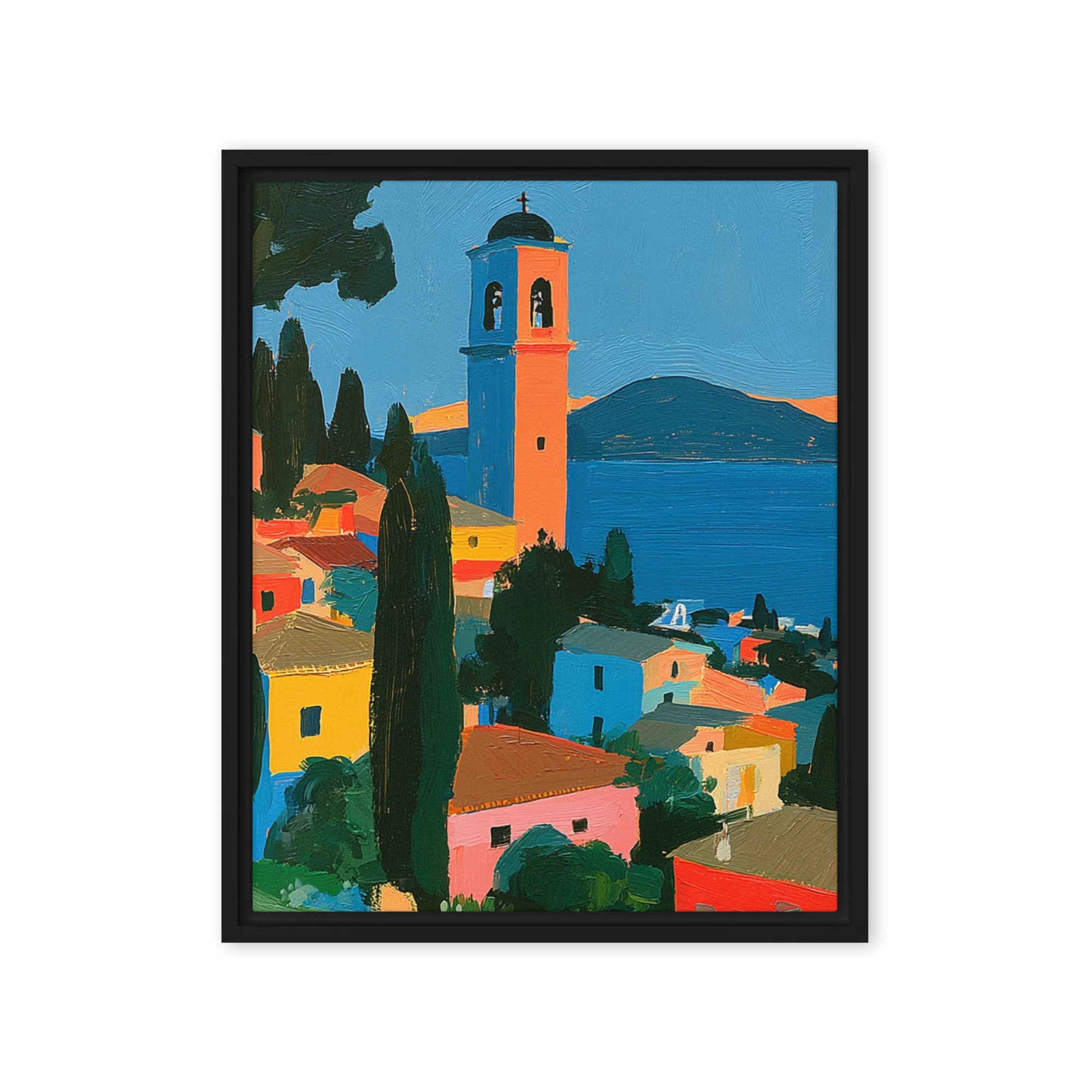 Sunlit Coastal Village 
 Canvas with Brown Frame