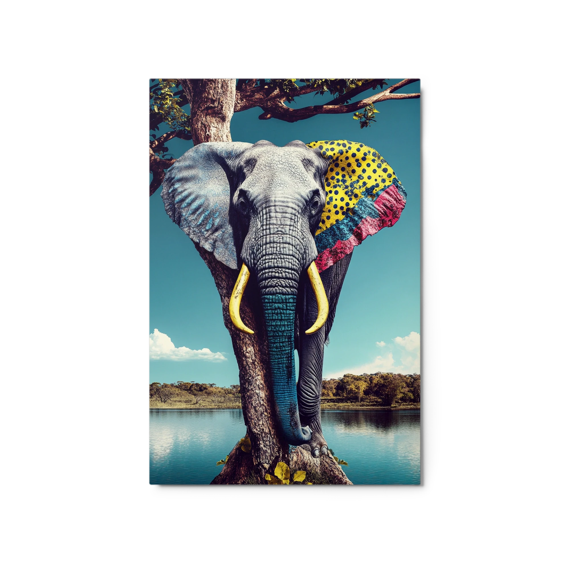 Stylized Elephant and Tree in Landscape