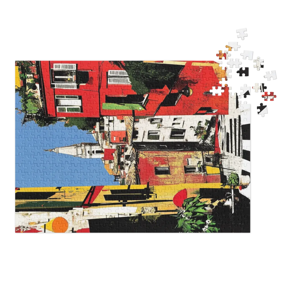 Vibrant Cityscape in Red and Yellow