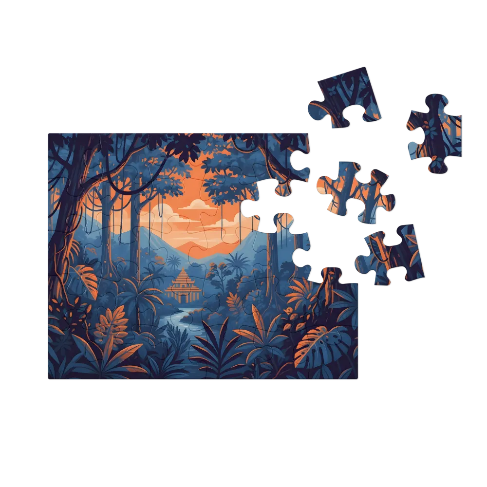 Jungle Pagoda Sunset 
 Jigsaw Puzzle in Tin Box