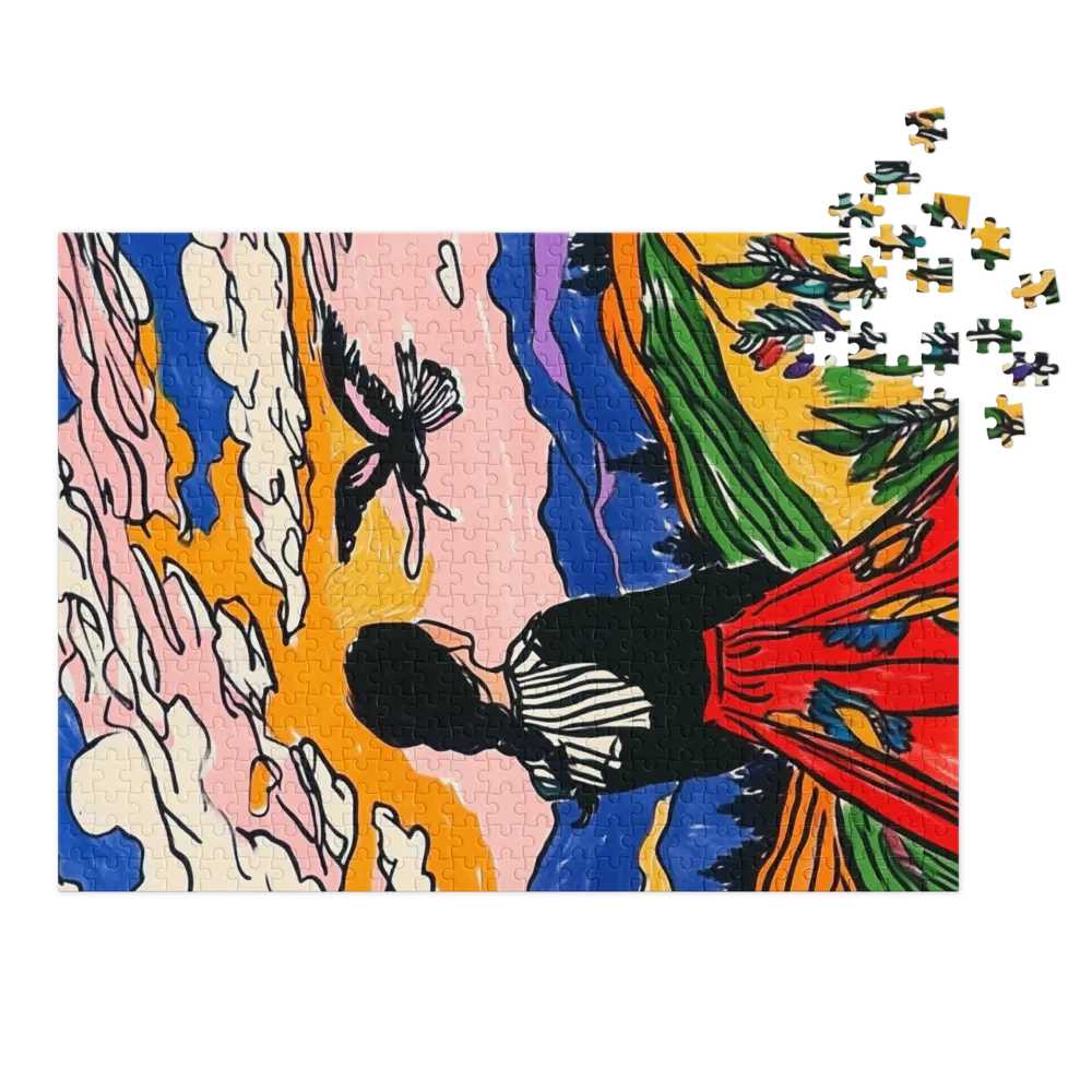 Girl in Colorful Dress Against Landscape | Jigsaw Puzzle (252/520 pieces)