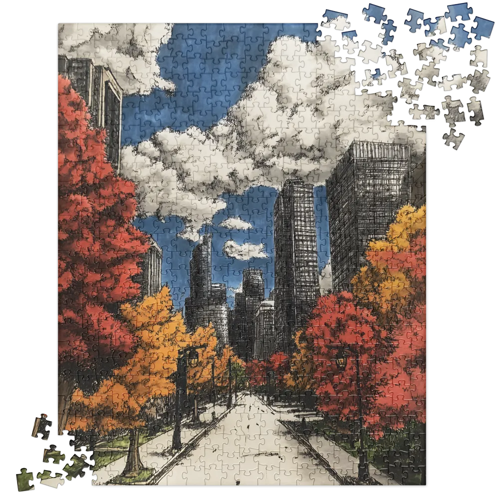 Autumn Cityscape Illustration 
 Jigsaw Puzzle in Tin Box