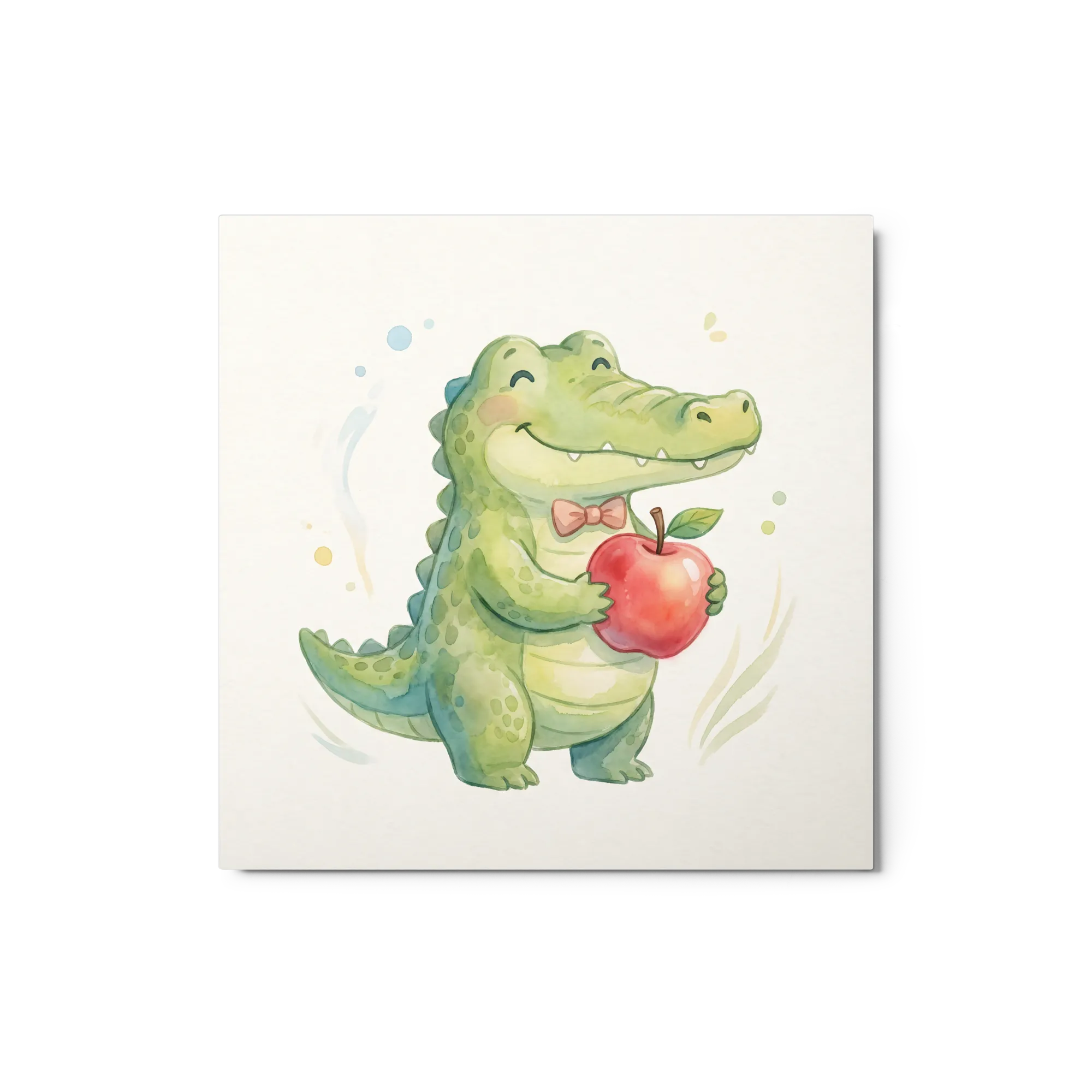 Whimsical Alligator with Apple 
 Canvas | 10″x 10″