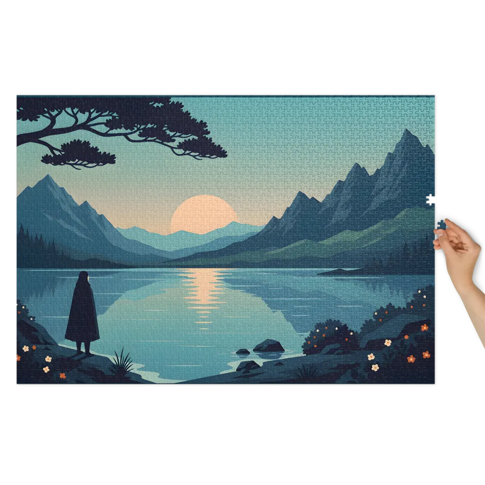 Tranquil Mountain Lake Sunset 
 Jigsaw Puzzle in Tin Box