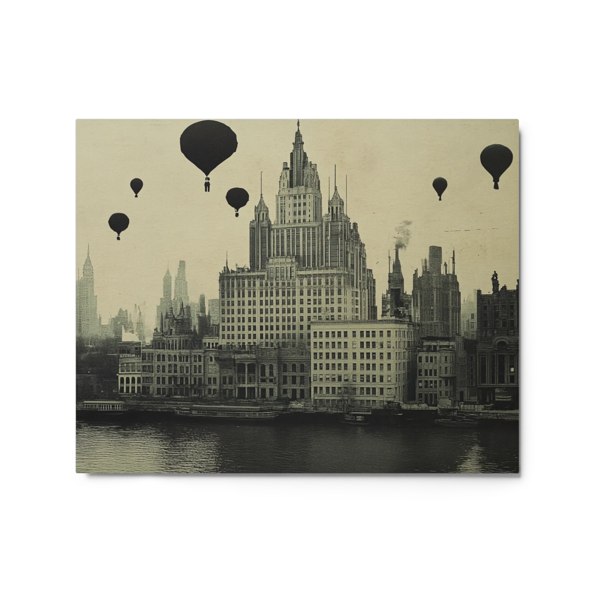 Balloons Over the Metropolis 
 Poster with Red oak Frame | 12″x 16″