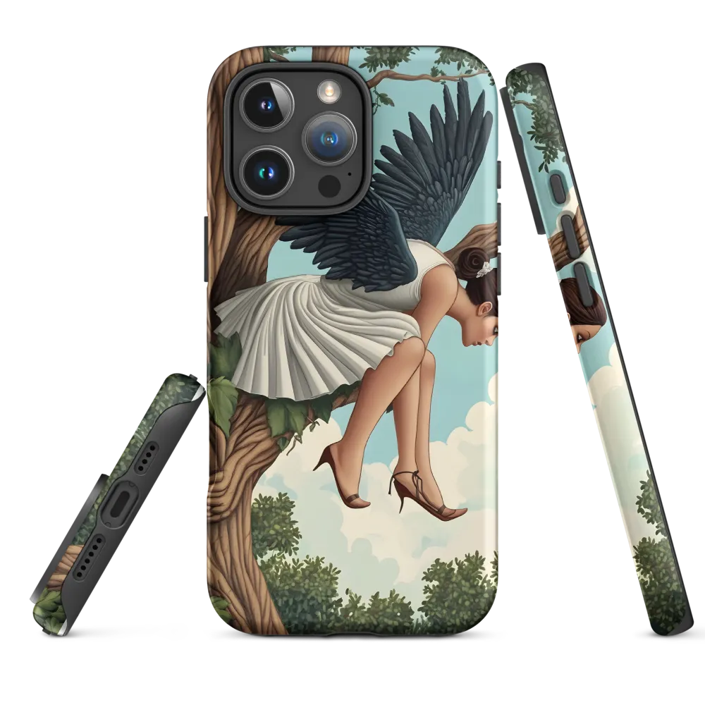 Surreal Woman with Black Wings in Tree