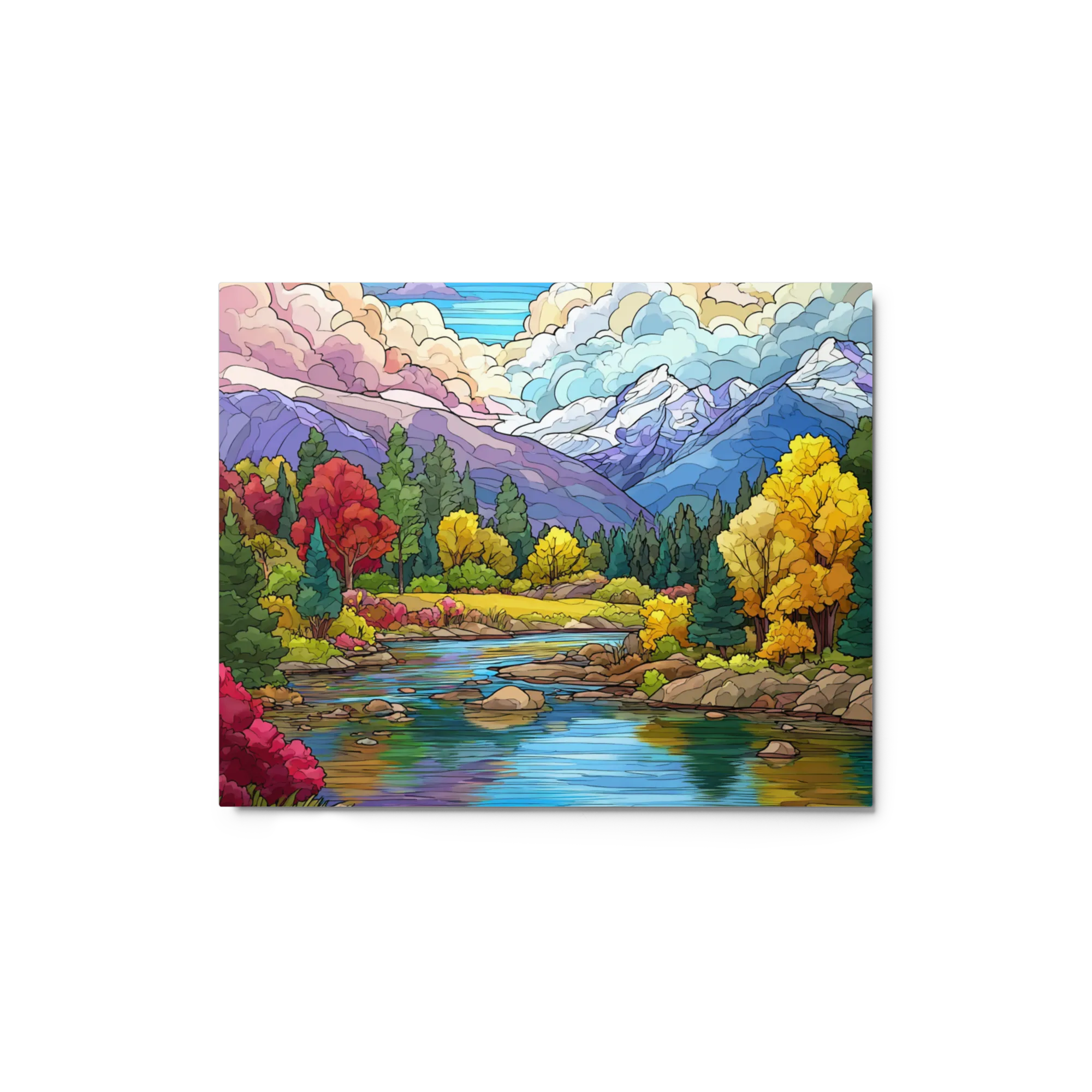 Stained Glass Mountain River 
 Metal Print | 8″x 10″