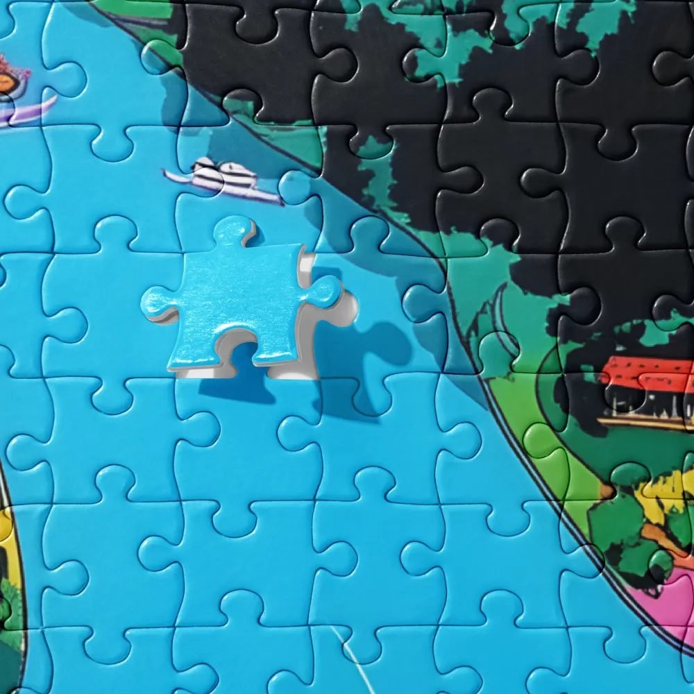 Riverbend Village Landscape 
 Jigsaw Puzzle in Tin Box