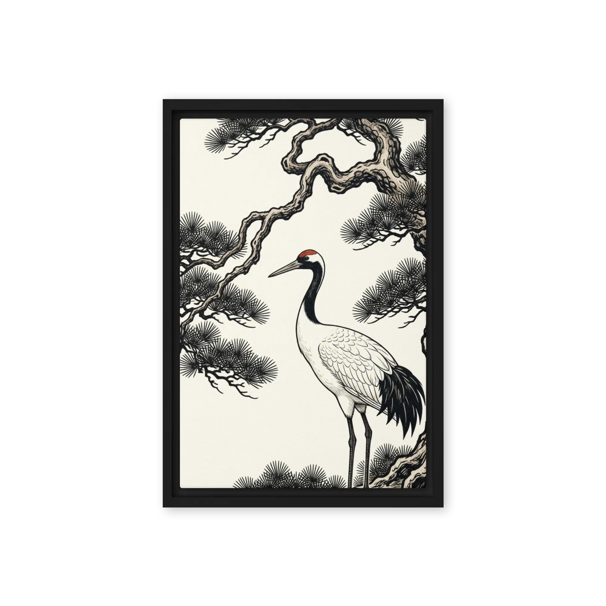 Crane Under the Pine 
 Canvas with White Frame