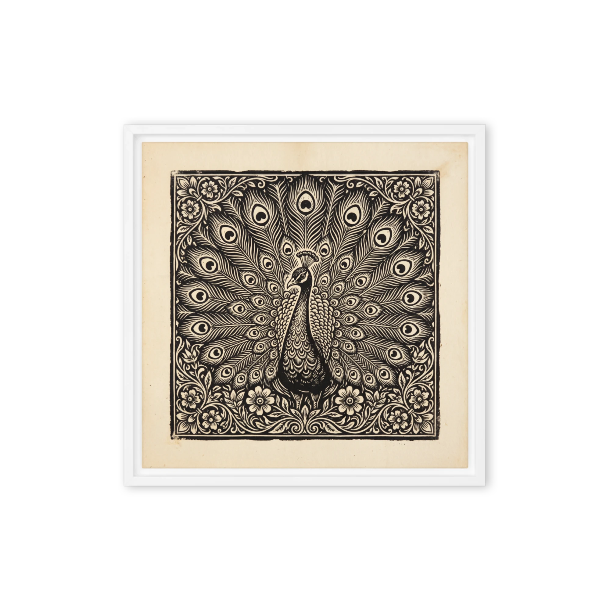 Black and White Peacock Linocut