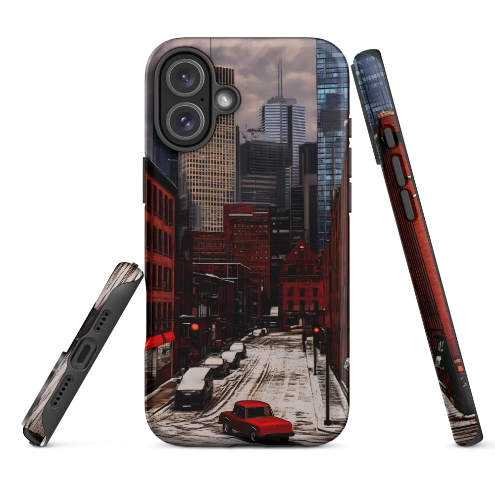 Snowy Cityscape with Red Vehicles