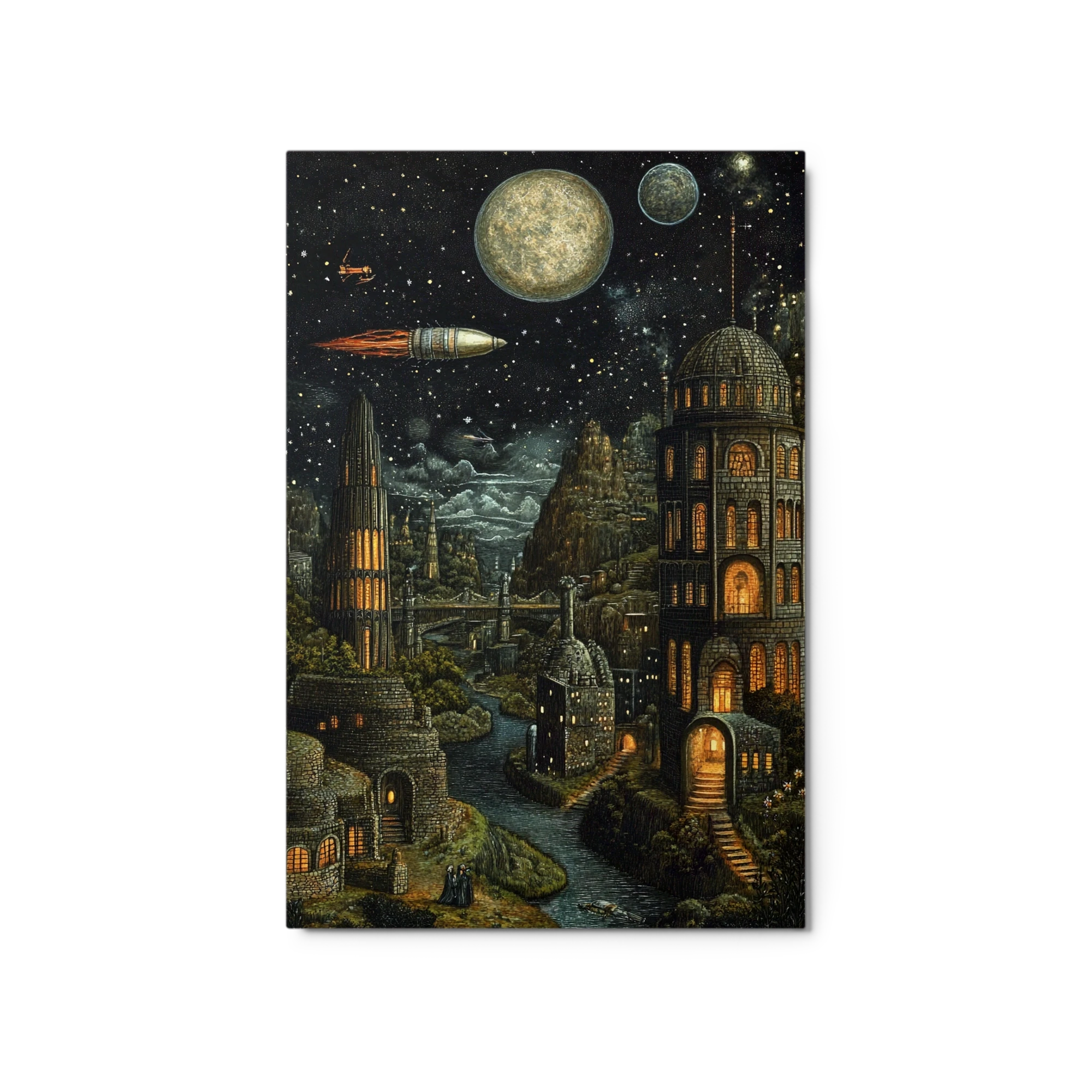 Surreal Cityscape with Celestial Bodies