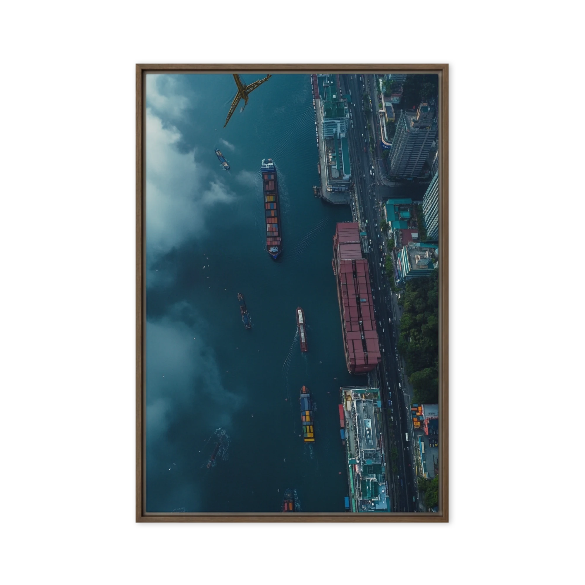 Aerial View of Ships and Cityscape