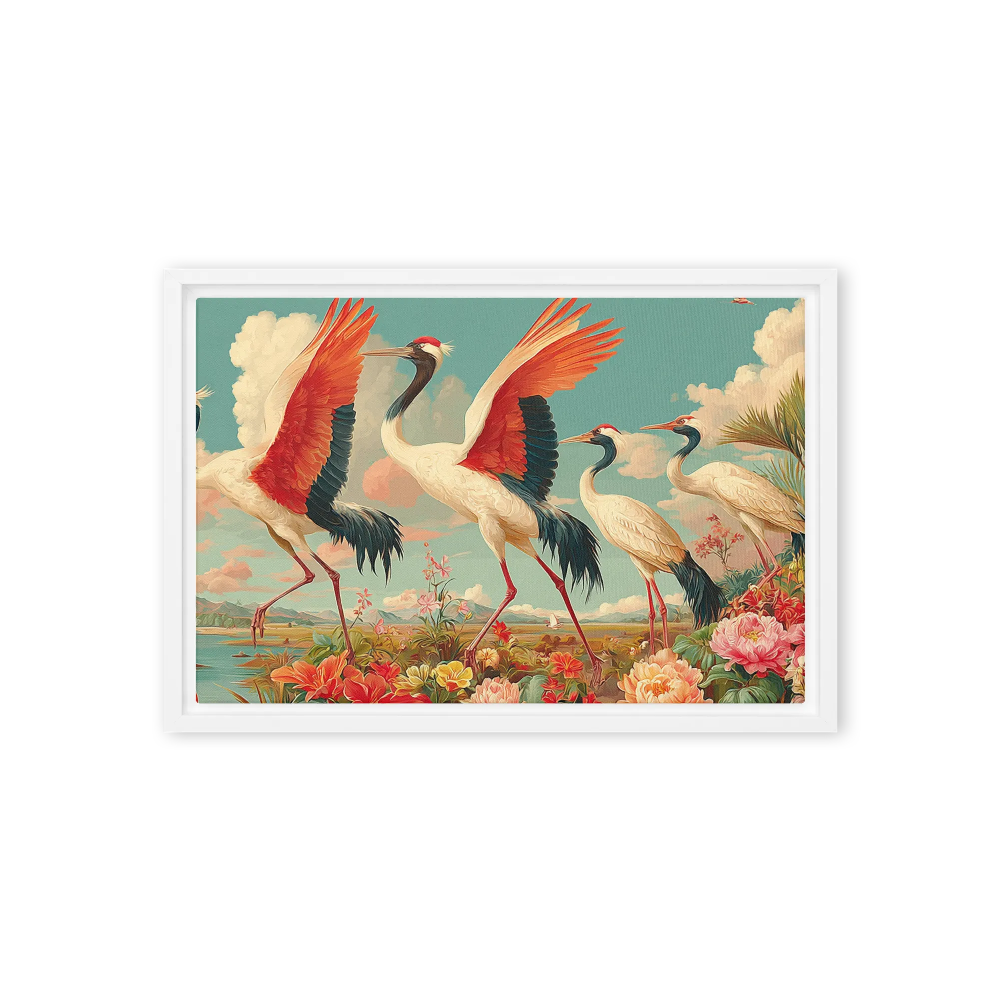 Cranes in the Peony Garden 
 Canvas with Brown Frame