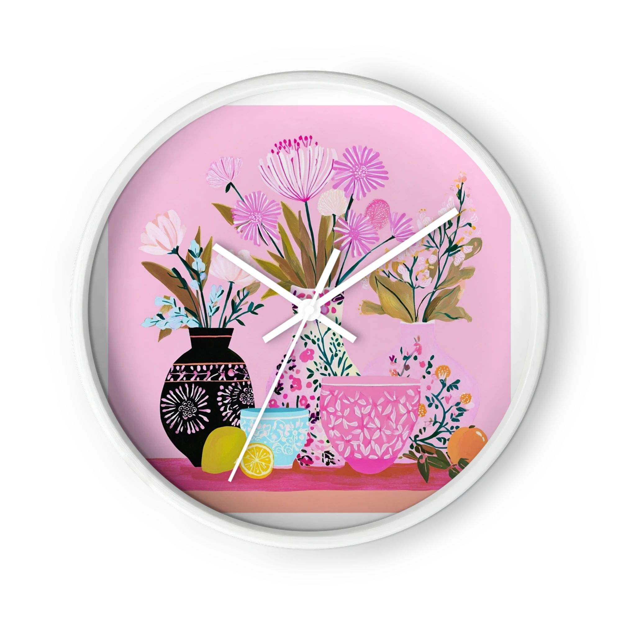 Pink Floral Vases and Citrus Still Life