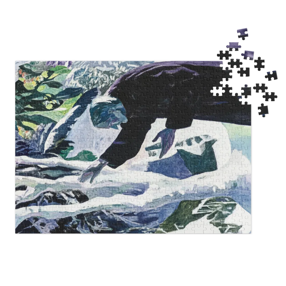 Elderly Figure Interacting with Snowy Tree