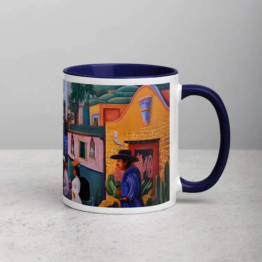 Vibrant Village Life 
 Mug with Dark Green inside