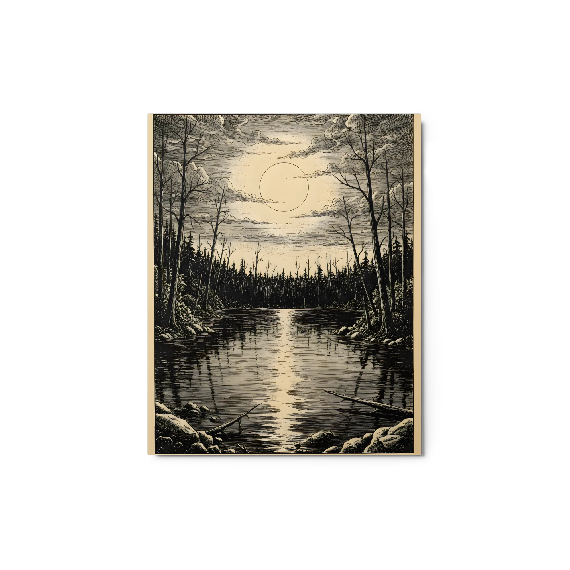 Silent Moonlight Over Forest Lake 
 Metal Print | 8″x 10″