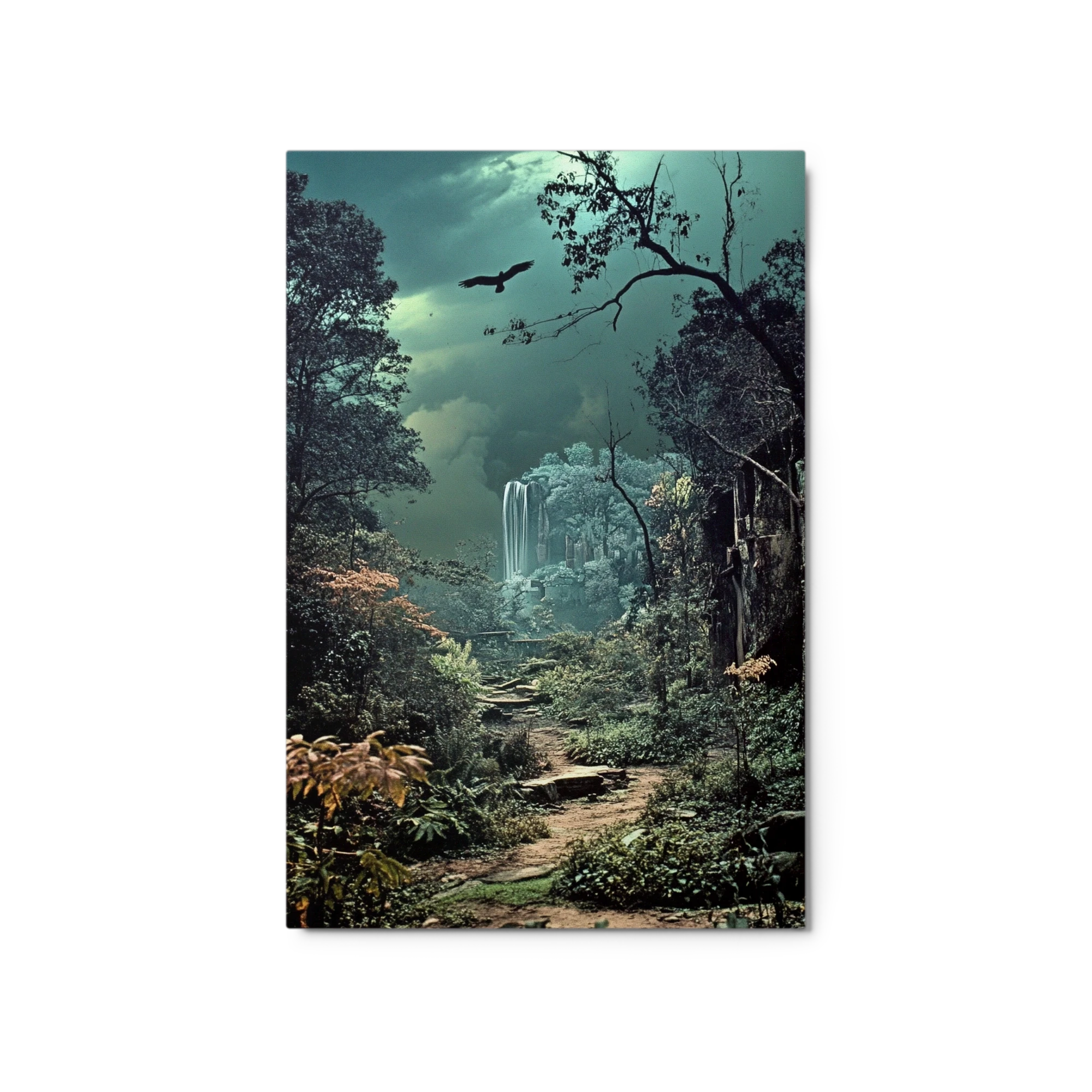 Surreal Forest with Waterfall and Bird
