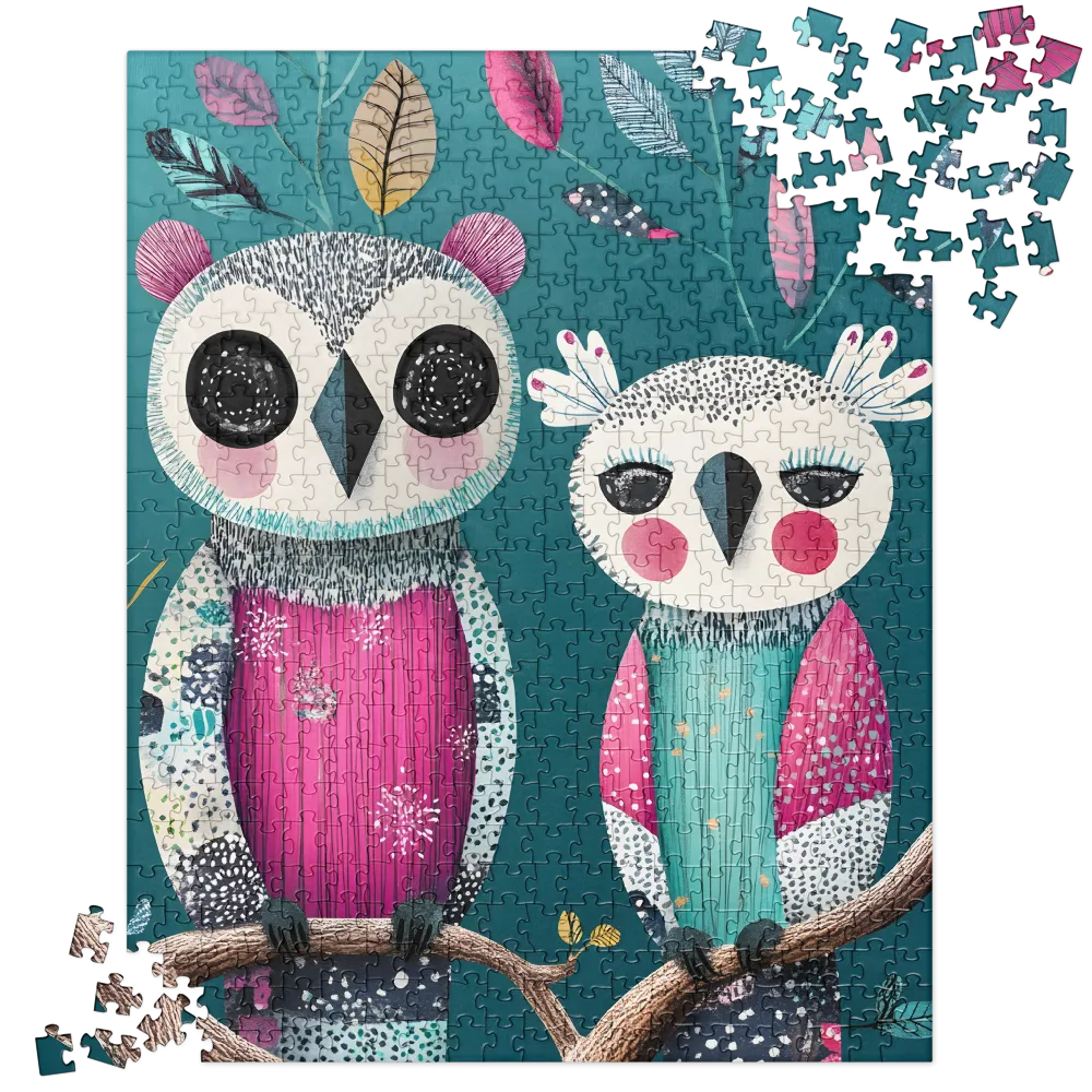 Whimsical Owls on Branch 
 Jigsaw Puzzle in Tin Box