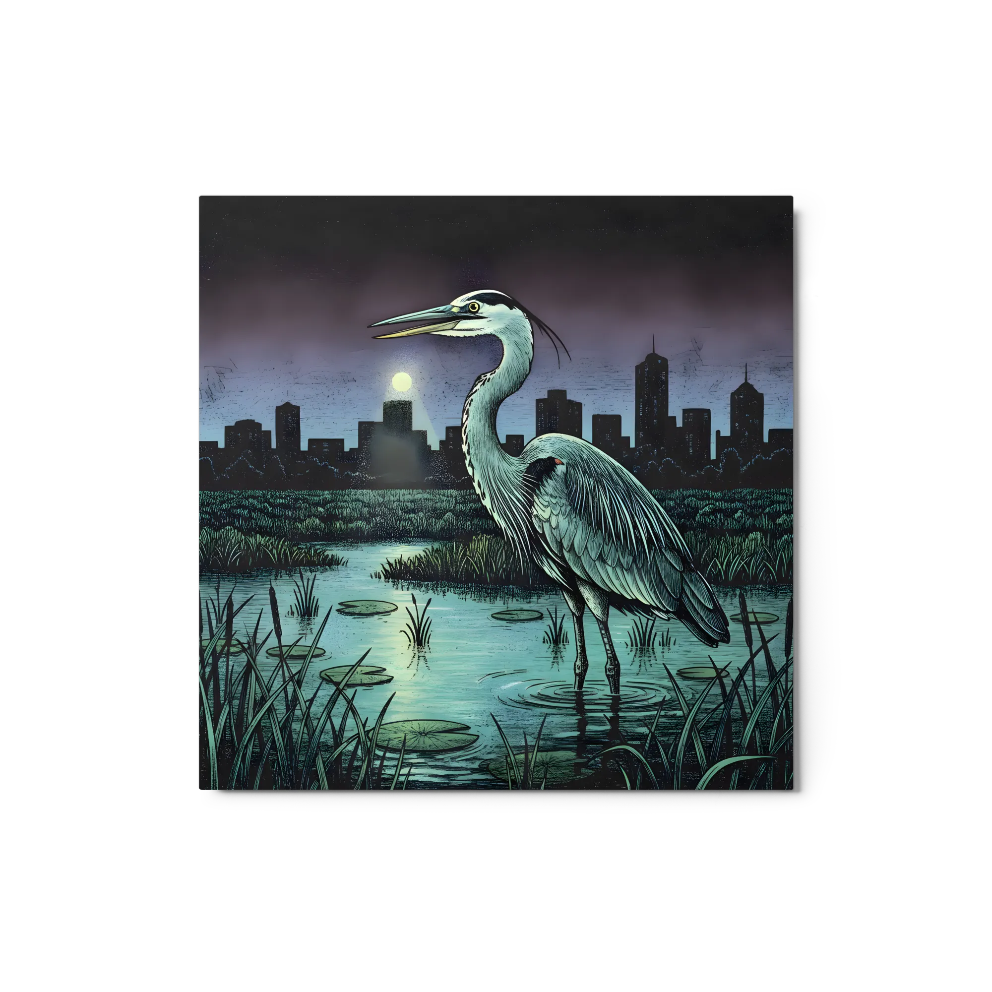 Moonlit Heron 
 Canvas | 8″x 8″