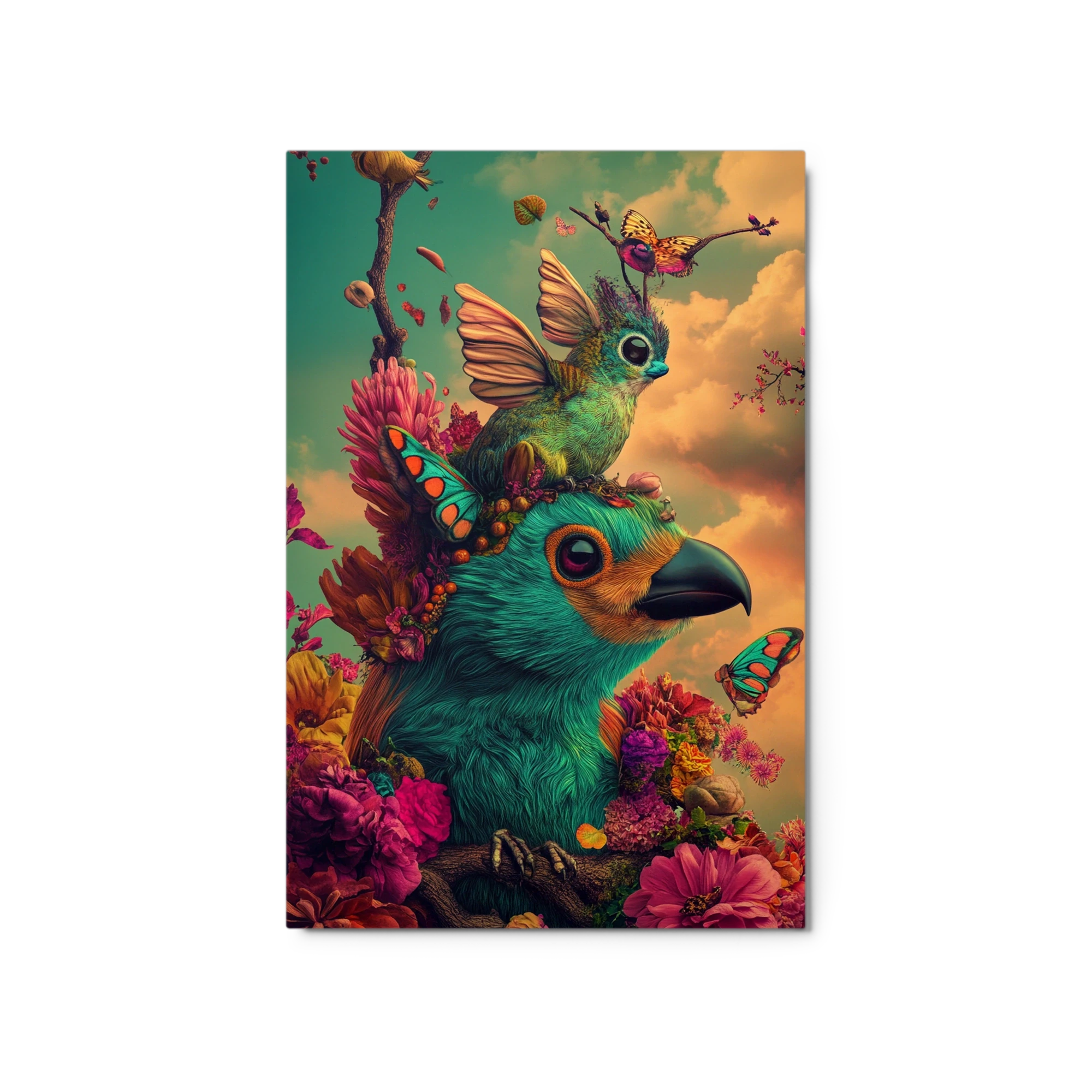Surreal Bird with Butterflies and Flowers