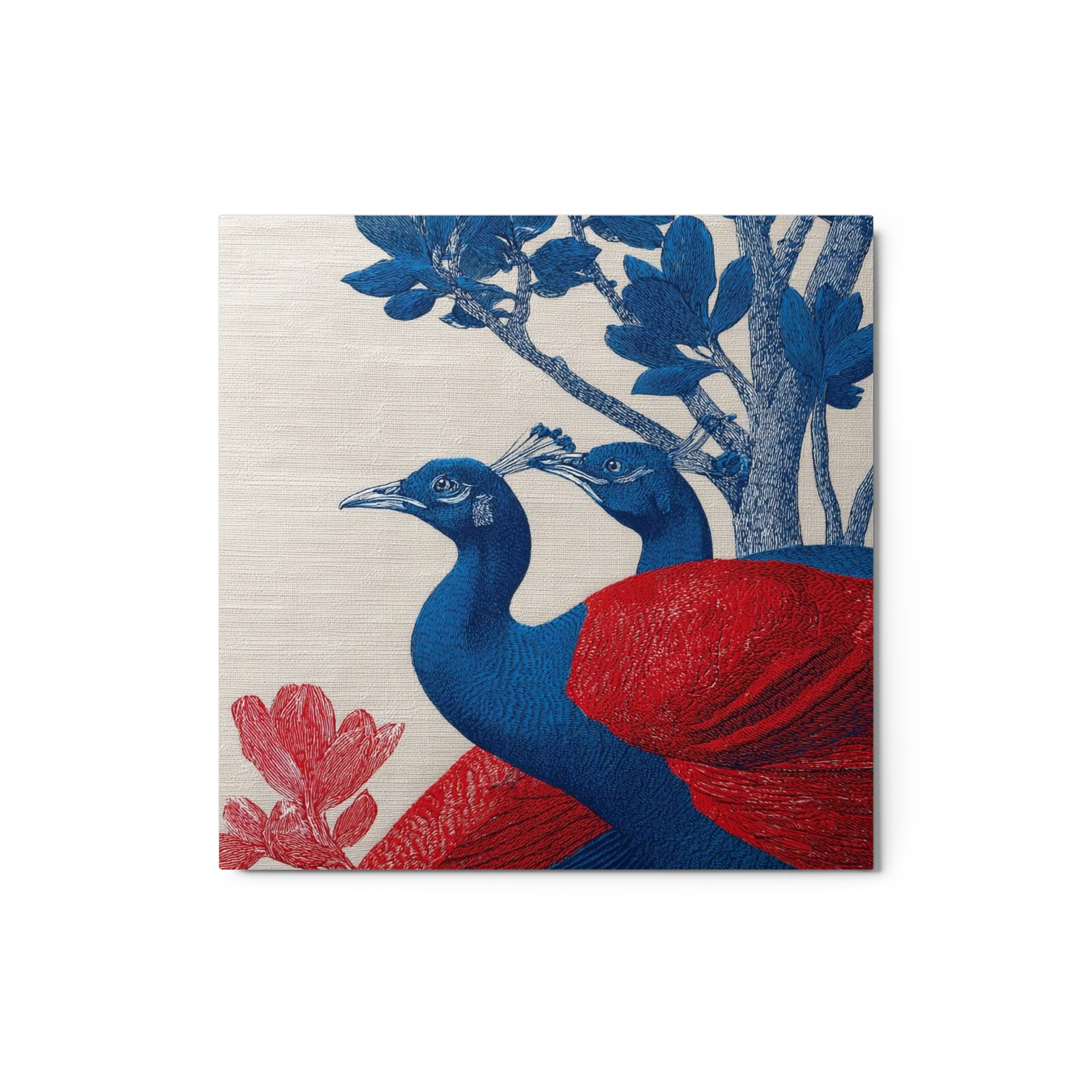 Blue and Red Peacocks